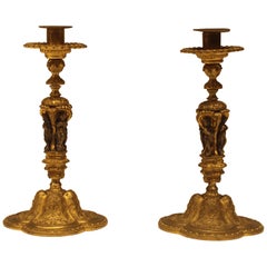Pair of 19th Century French Bronze Figural Two-Tone Candlesticks