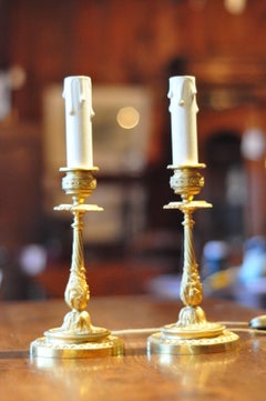 Pair of 19th Century French Bronze Gold-Plated Candlestick Lamps