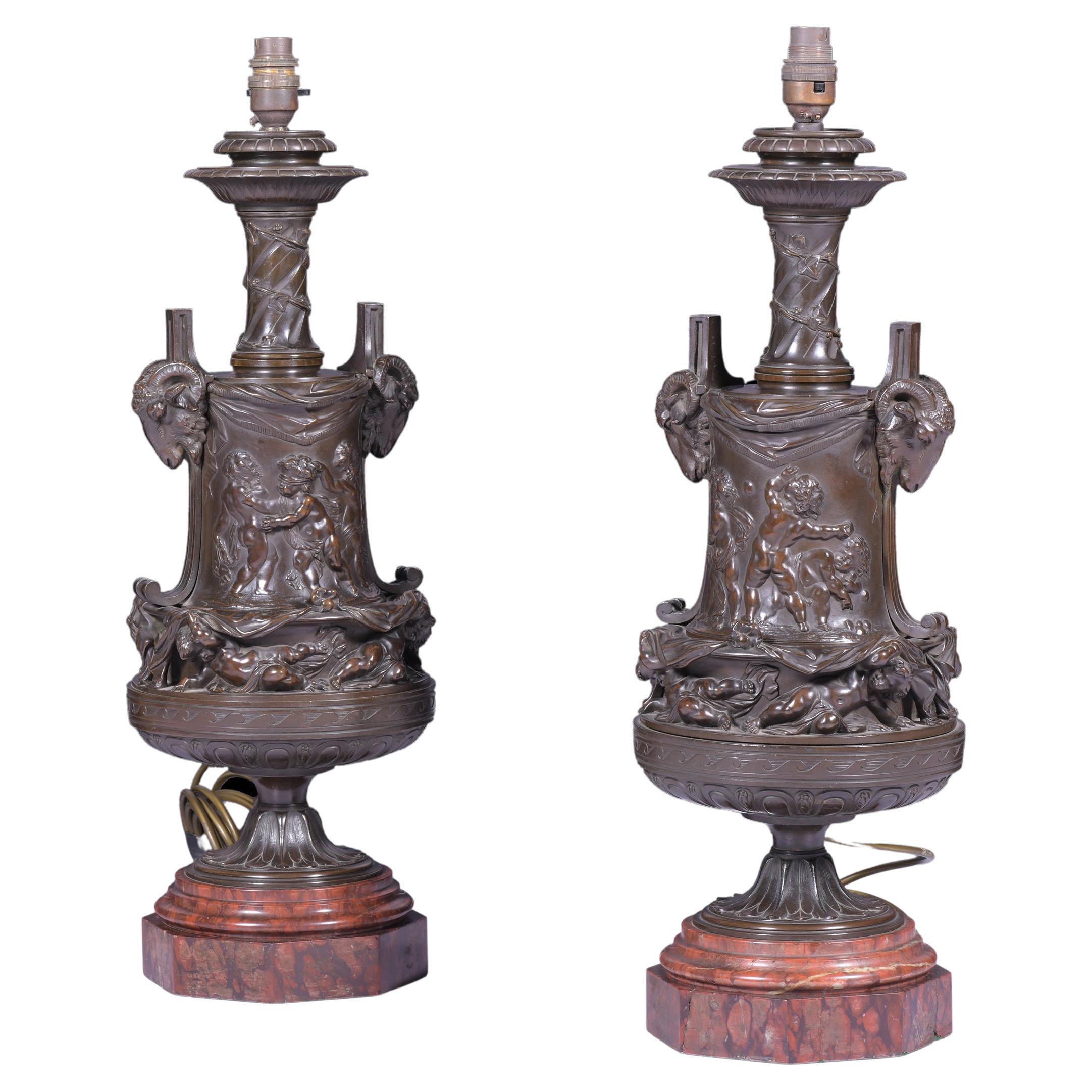 Pair of 19th Century French Bronze & Marble Lamps
