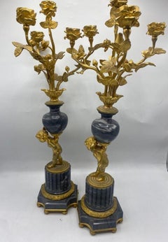 Pair of 19th Century French Bronze Ormolu and Marble Tall Candelabras