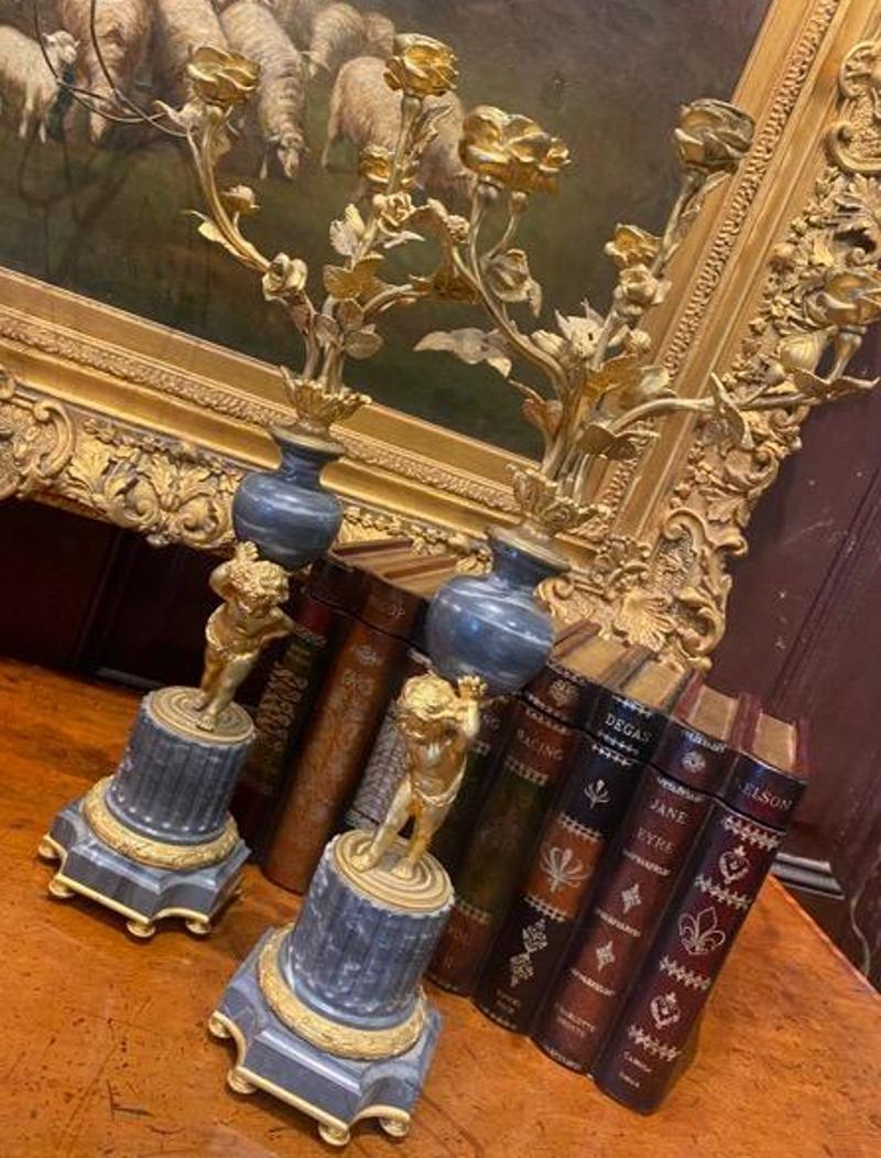 Pair of 19th Century French Bronze Ormolu and Marble Tall Candelabras For Sale 4