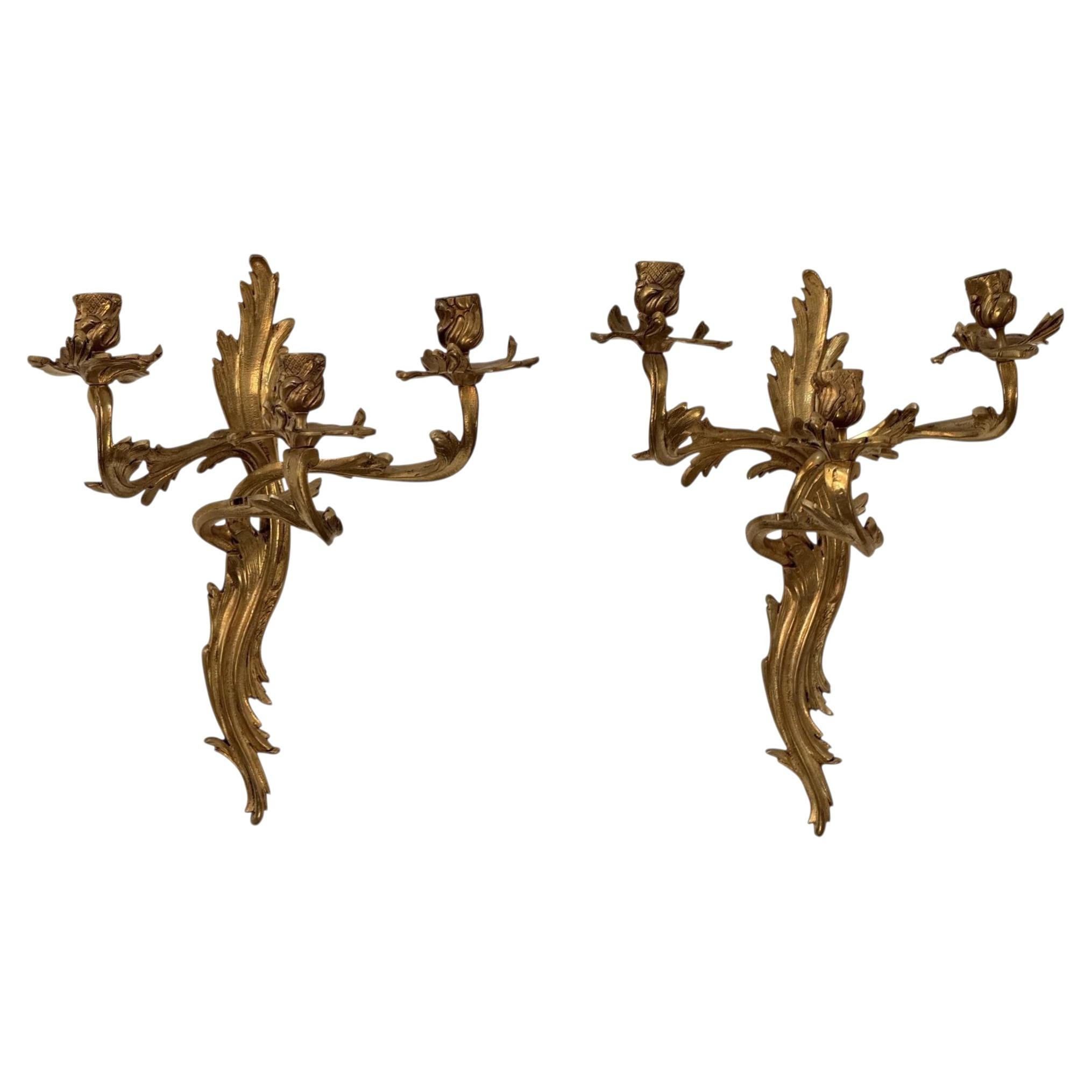 Pair of 19th Century French bronze ormolu fire-gilt, candle sconces For Sale
