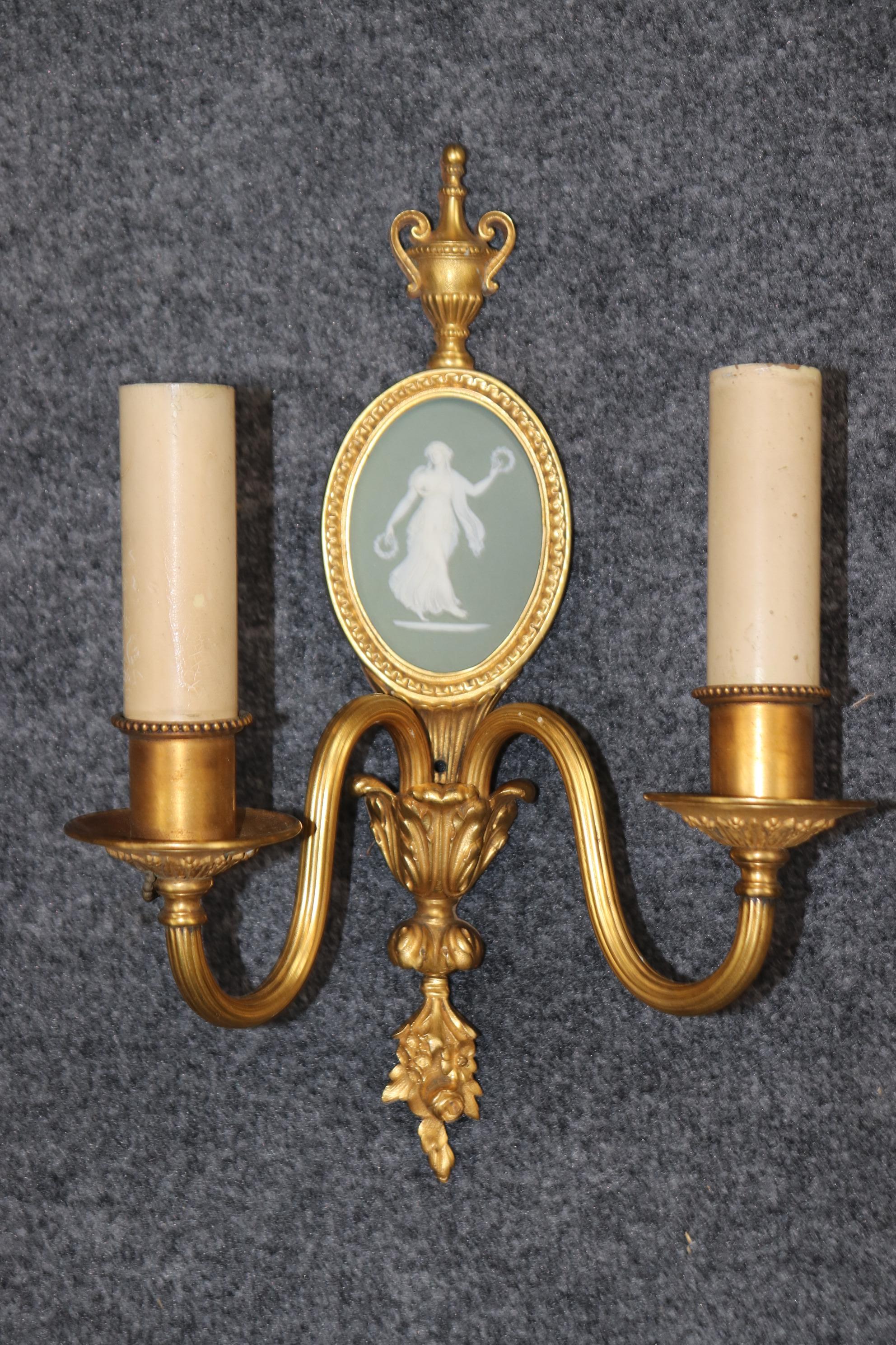 Louis XV Pair of 19th Century French Bronze Ormolu Sconces With English Wedgwood Plaques