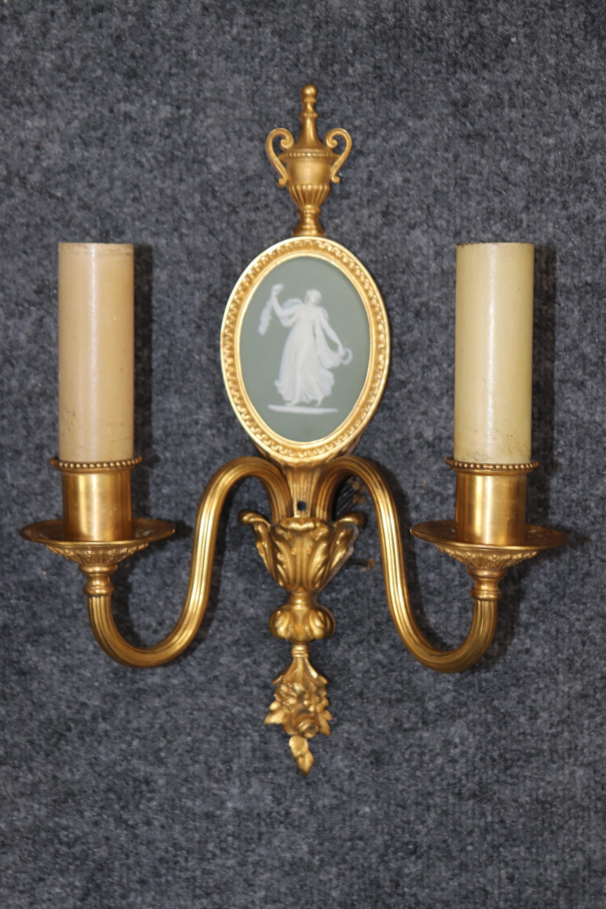 Cast Pair of 19th Century French Bronze Ormolu Sconces With English Wedgwood Plaques