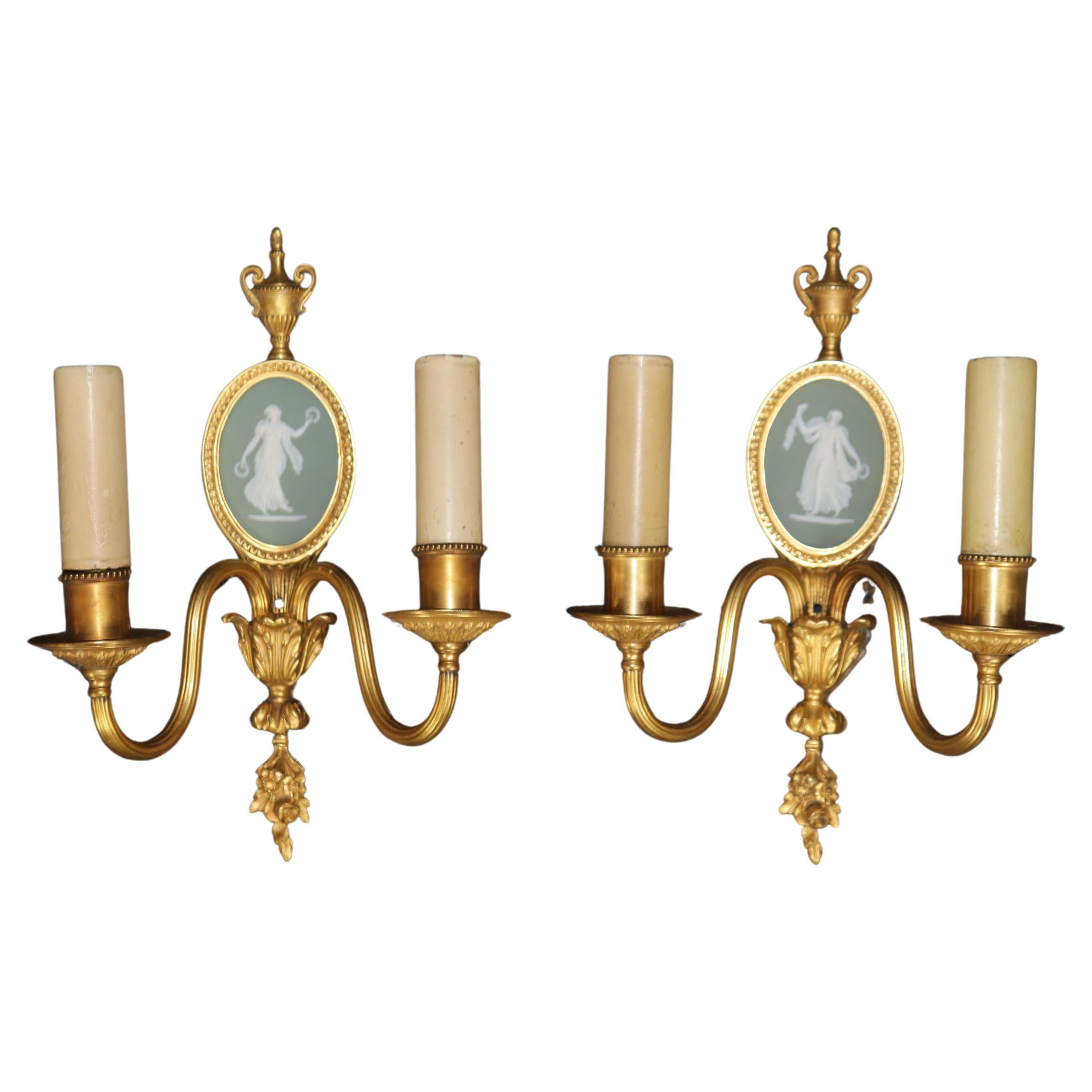 Pair of 19th Century French Bronze Ormolu Sconces With English Wedgwood Plaques