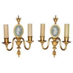 Pair of 19th Century French Bronze Ormolu Sconces With English Wedgwood Plaques