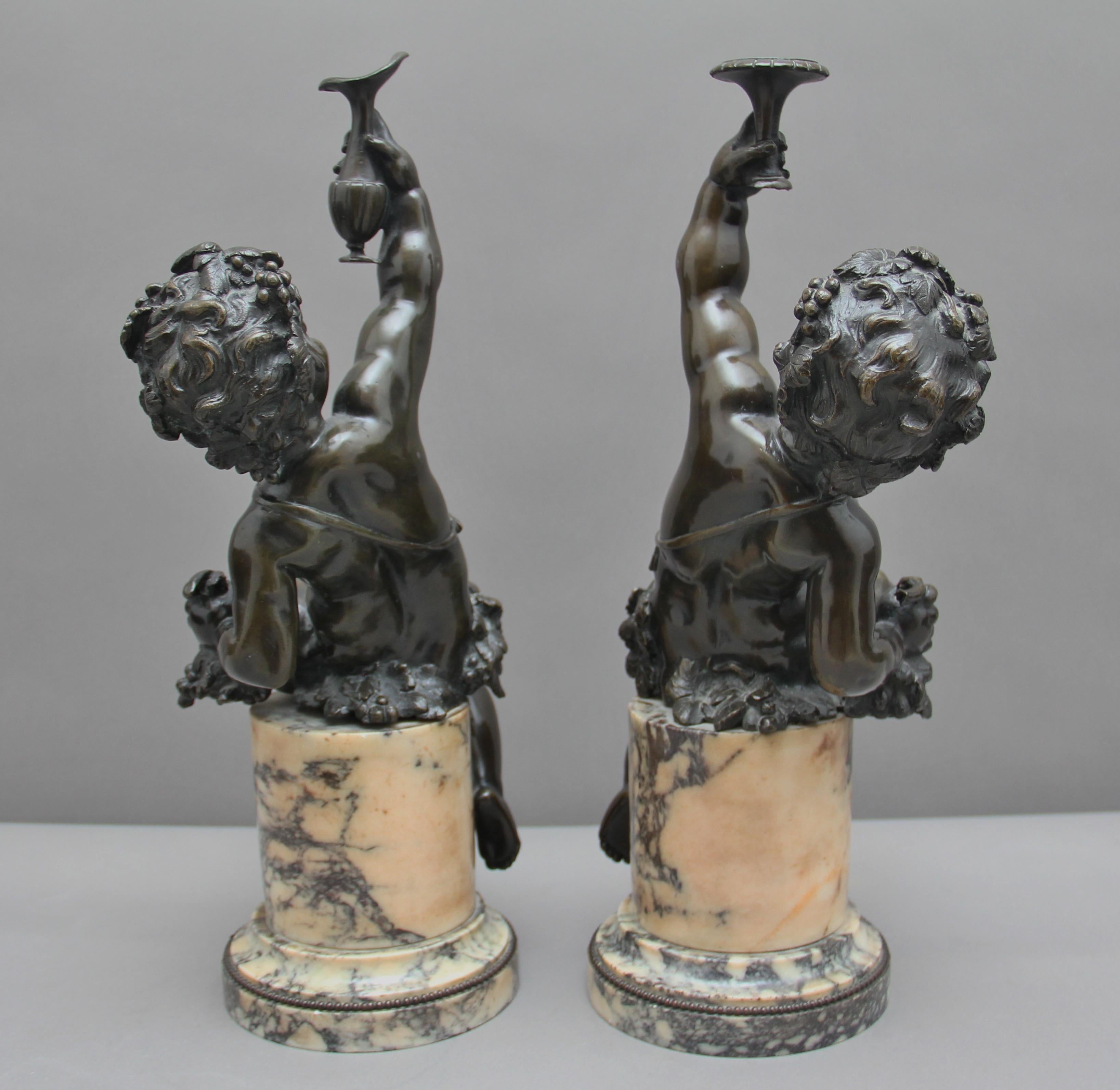 English Pair of 19th Century French Bronze Putti on Marble Bases