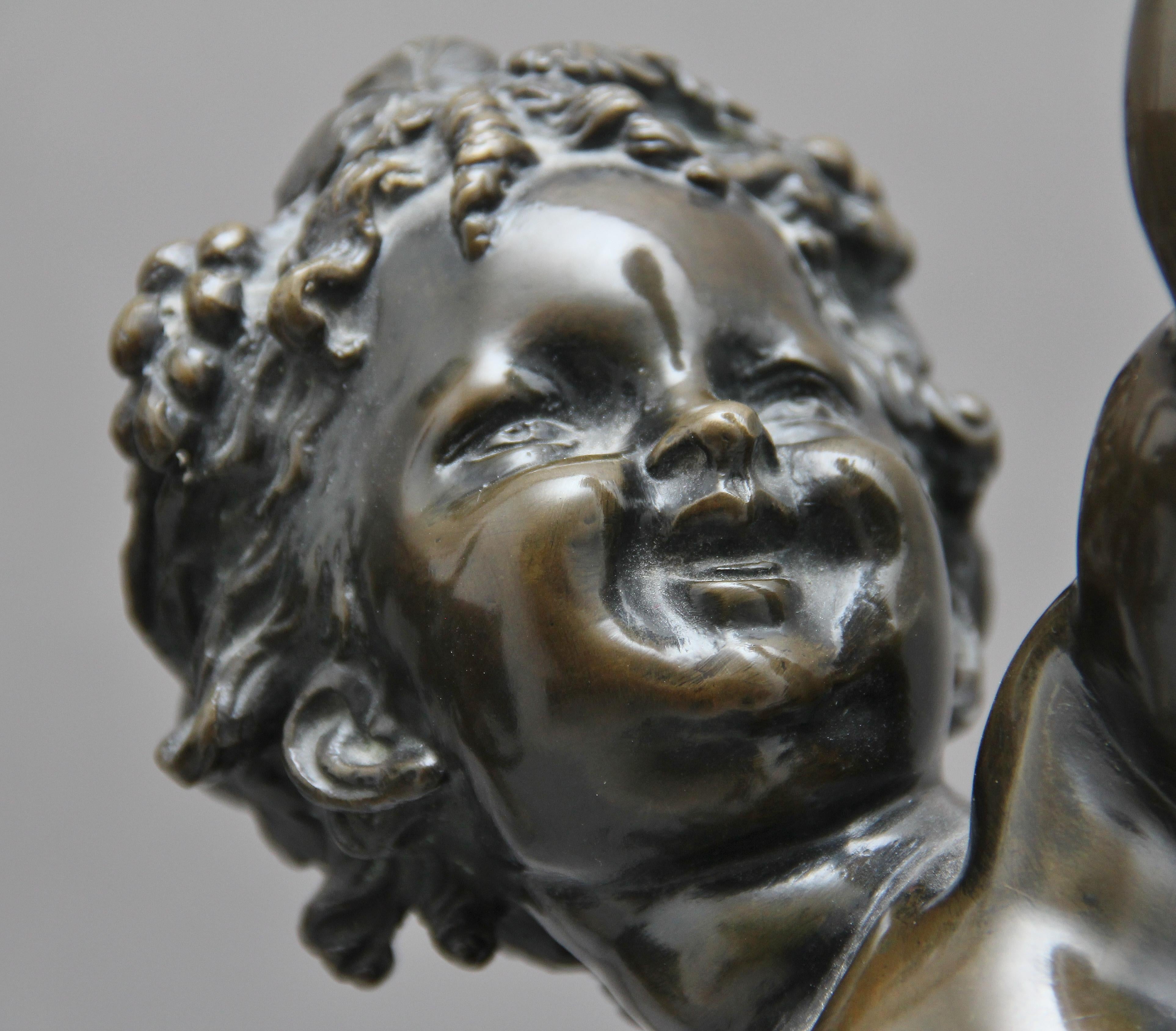 Late 19th Century Pair of 19th Century French Bronze Putti on Marble Bases