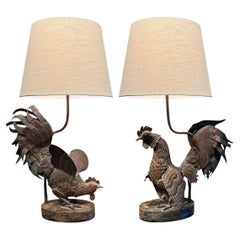Pair of 19th Century French Bronze Rooster Lamps