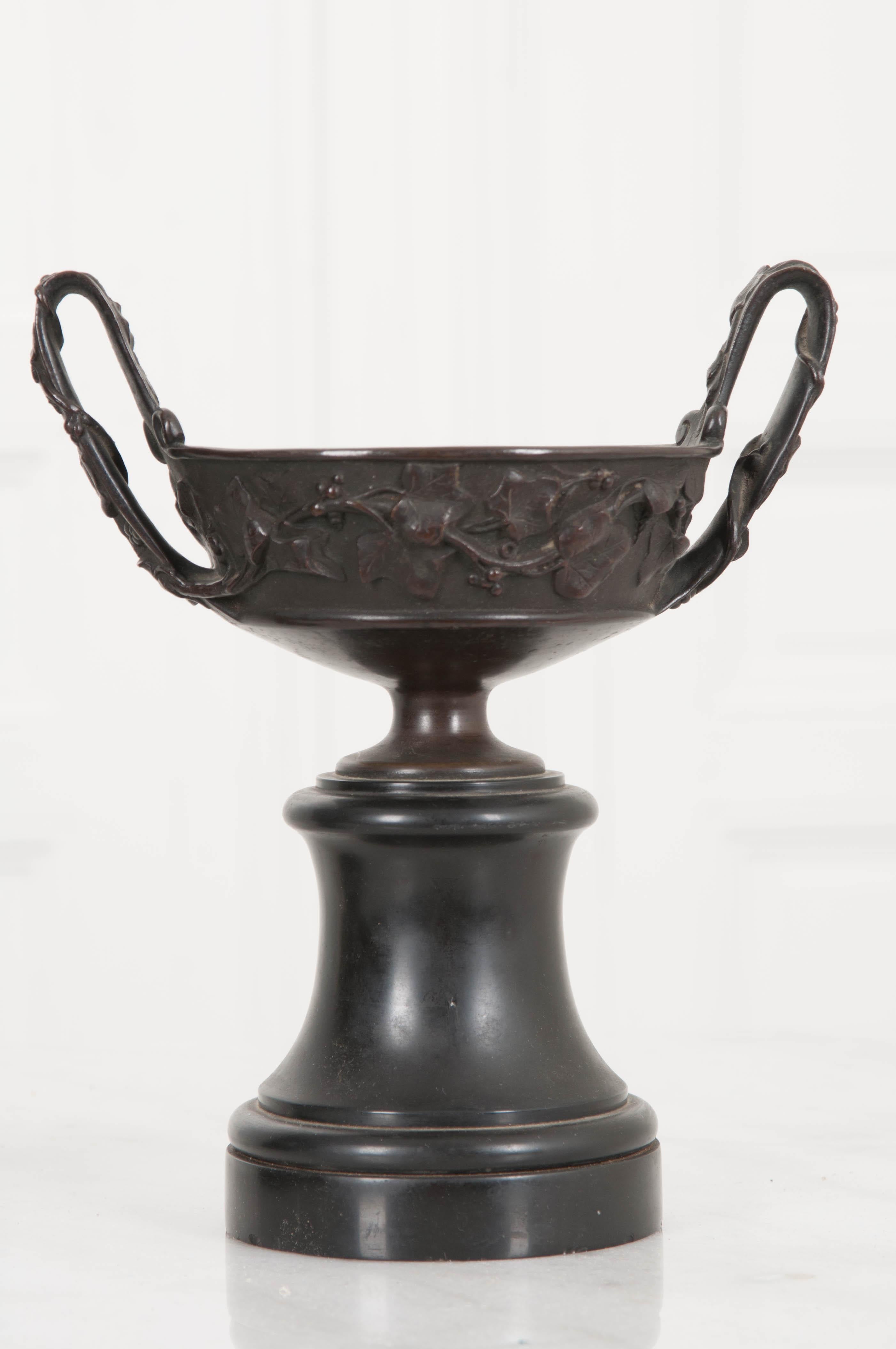 Cast Pair of 19th Century French Bronze Tazza Urns on Marble Bases