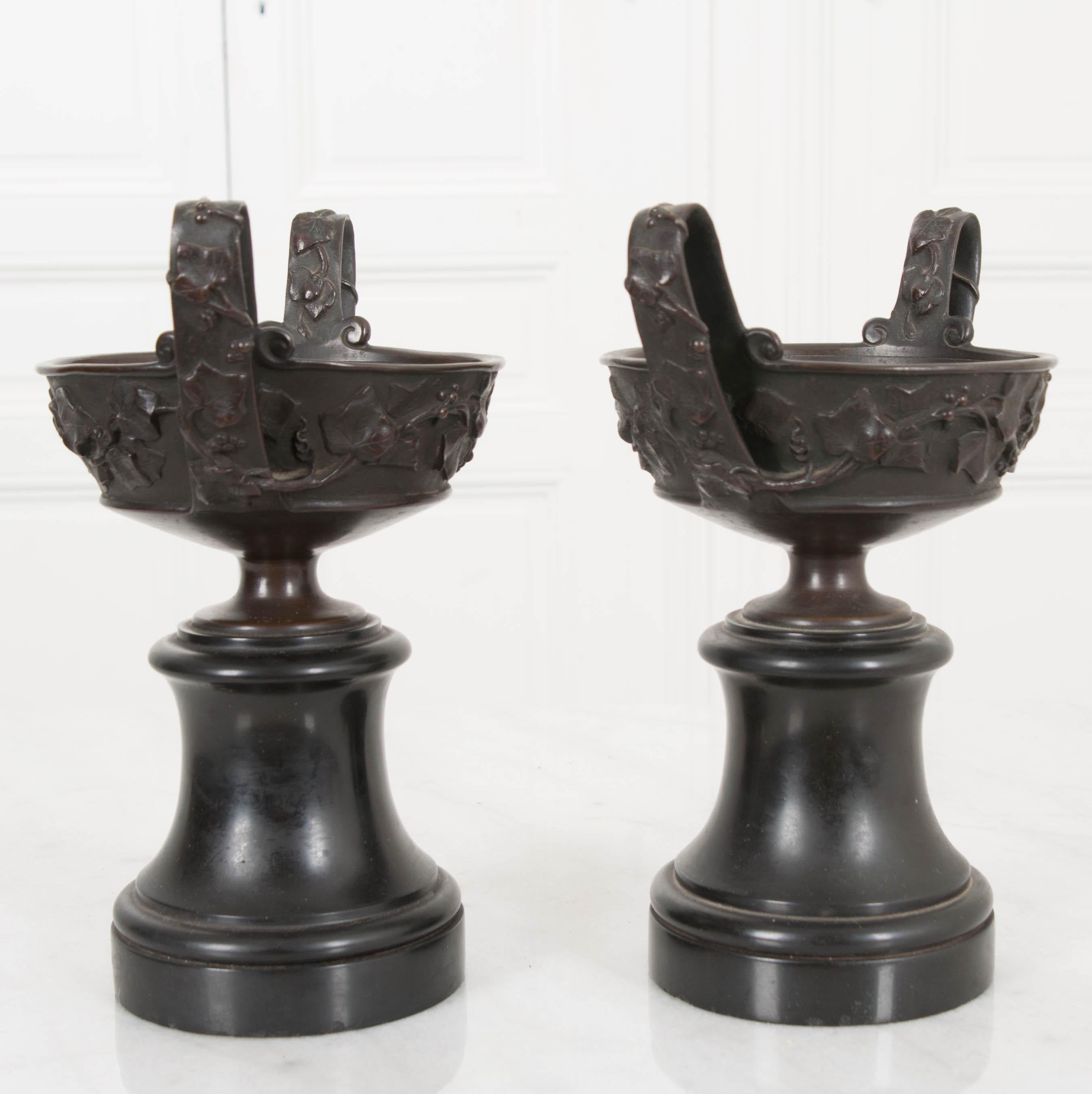 Pair of 19th Century French Bronze Tazza Urns on Marble Bases 2