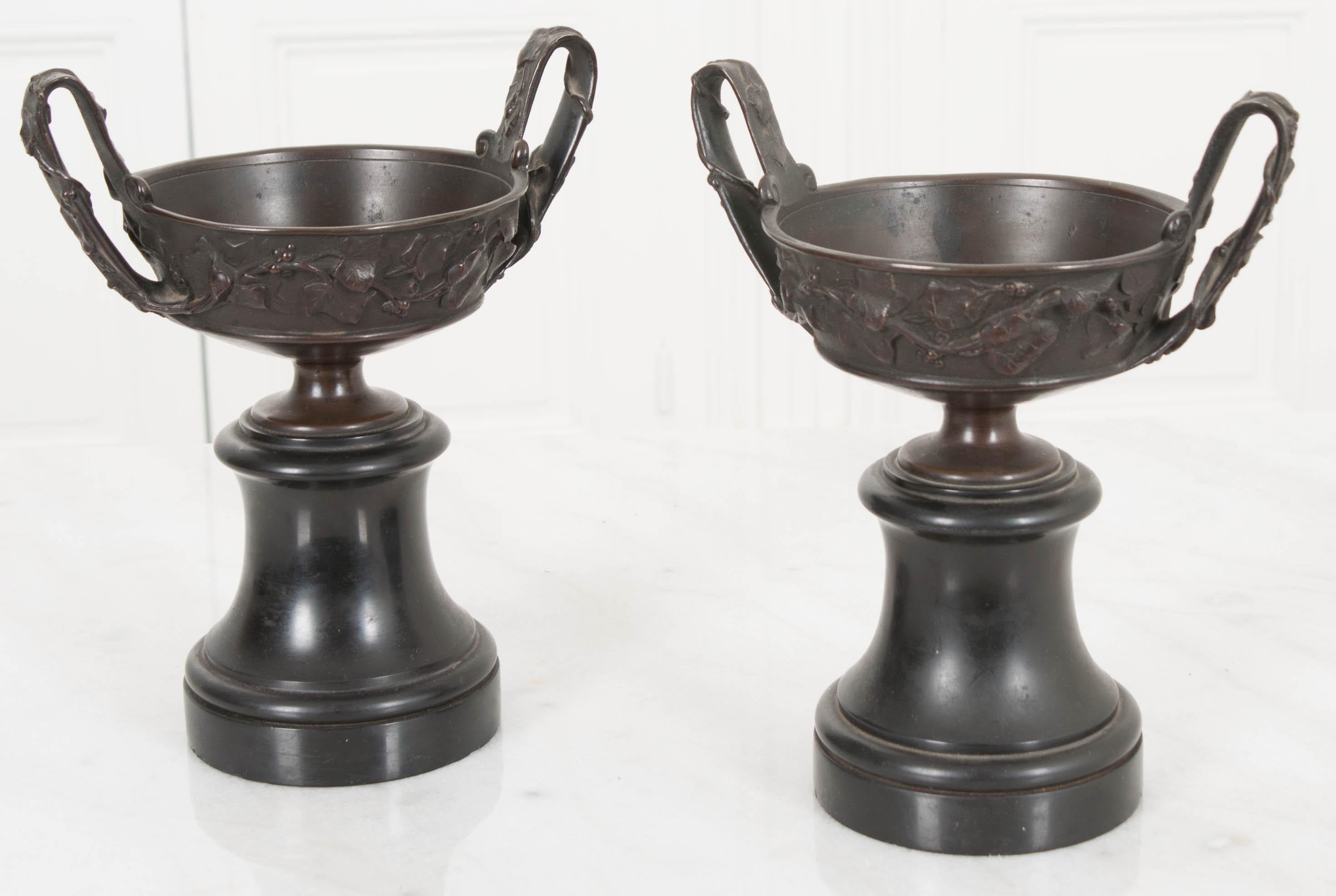 Pair of 19th Century French Bronze Tazza Urns on Marble Bases 3
