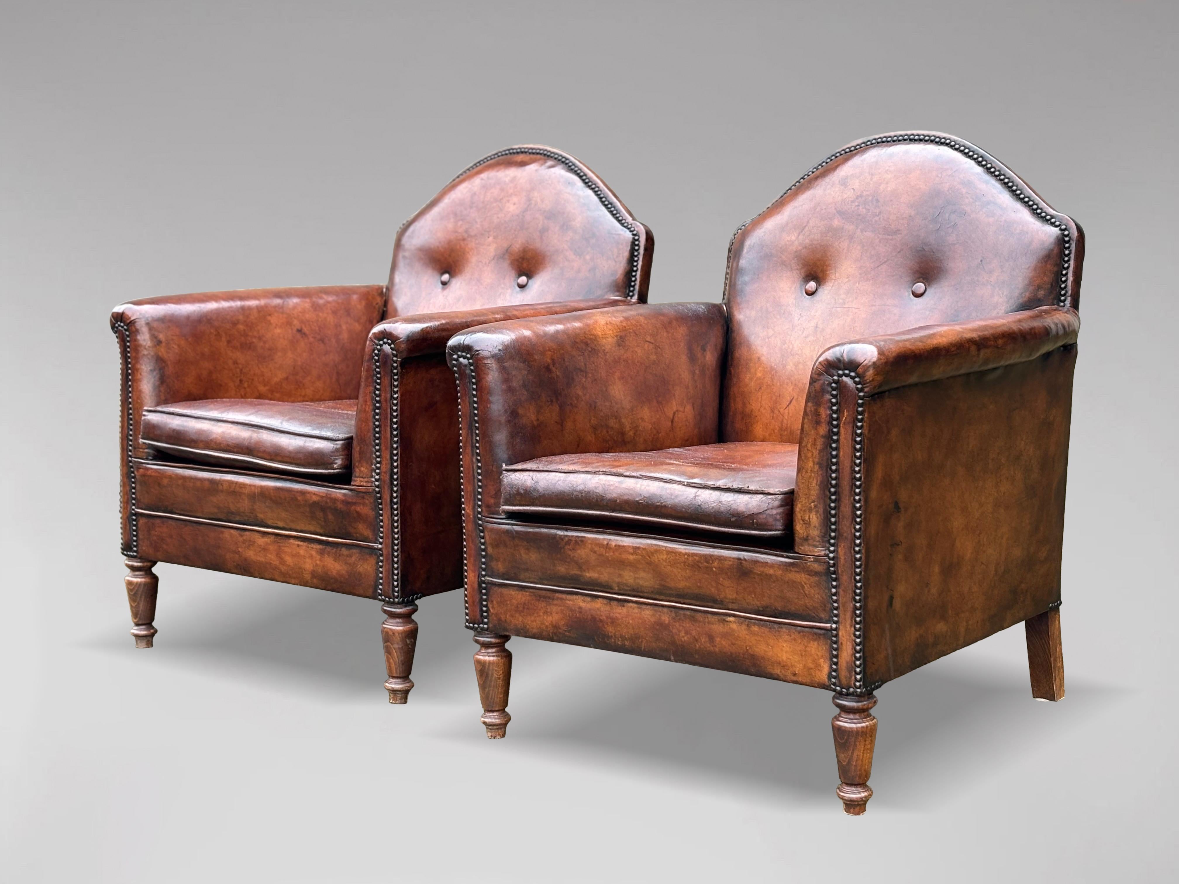 Pair of 19th Century French Brown Leather Club Armchairs In Good Condition In Petworth,West Sussex, GB