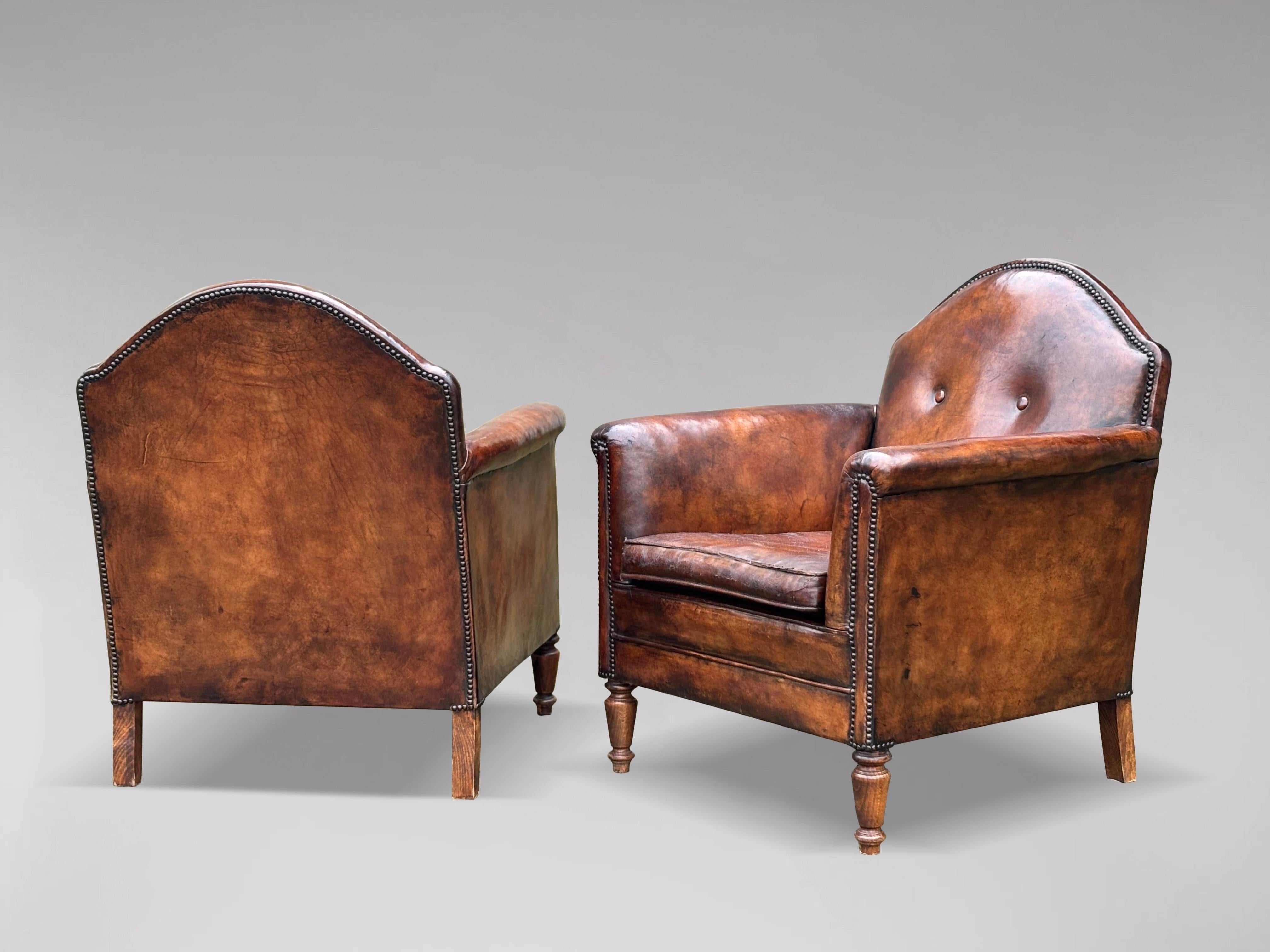 Pair of 19th Century French Brown Leather Club Armchairs 1