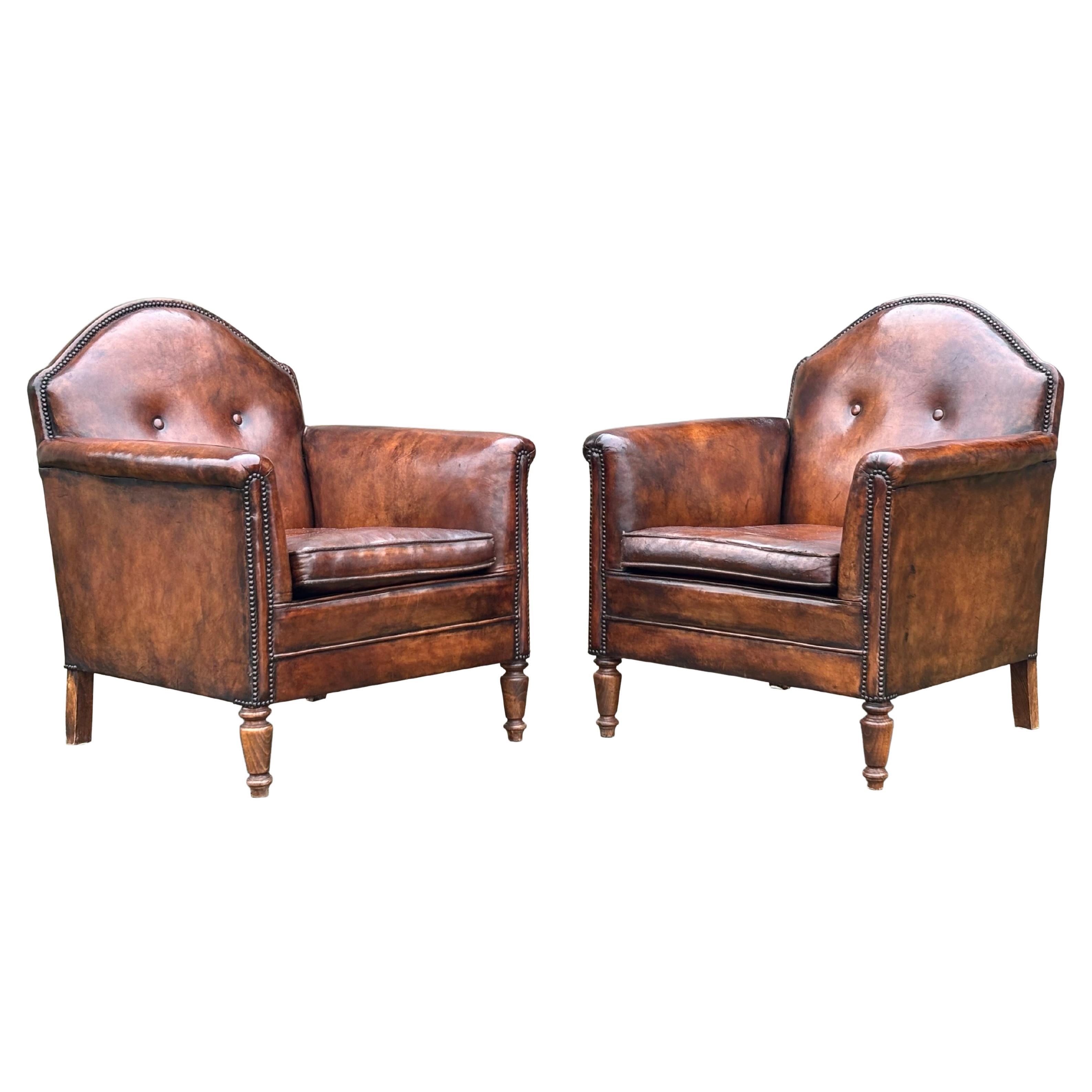 Pair of 19th Century French Brown Leather Club Armchairs
