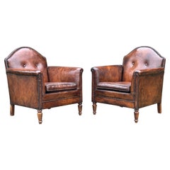 Antique Pair of 19th Century French Brown Leather Club Armchairs