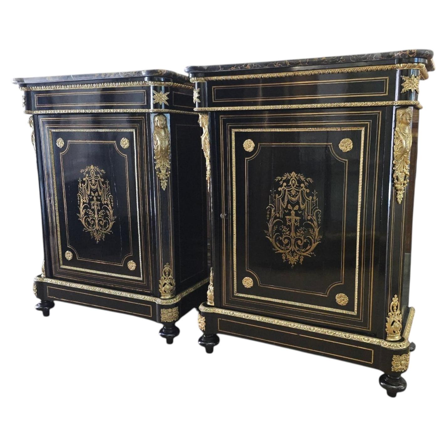 Pair of 19th Century French Cabinets with Gilt Bronze Mounts and Portoro Marble