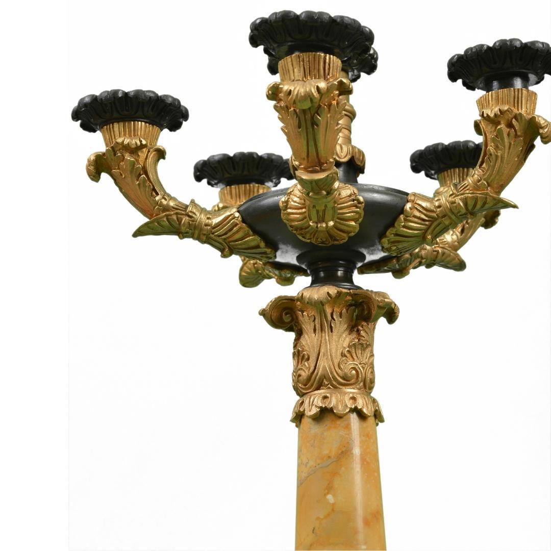 A pair of French 19th century five-light candelabra.
Empire style with marble, gilt bronze and black iron
Corinthian style column ‘yellow Lamartine’ marble, with acanthus leaves capitol inset with a bronze ring of chevron berried garland pattern