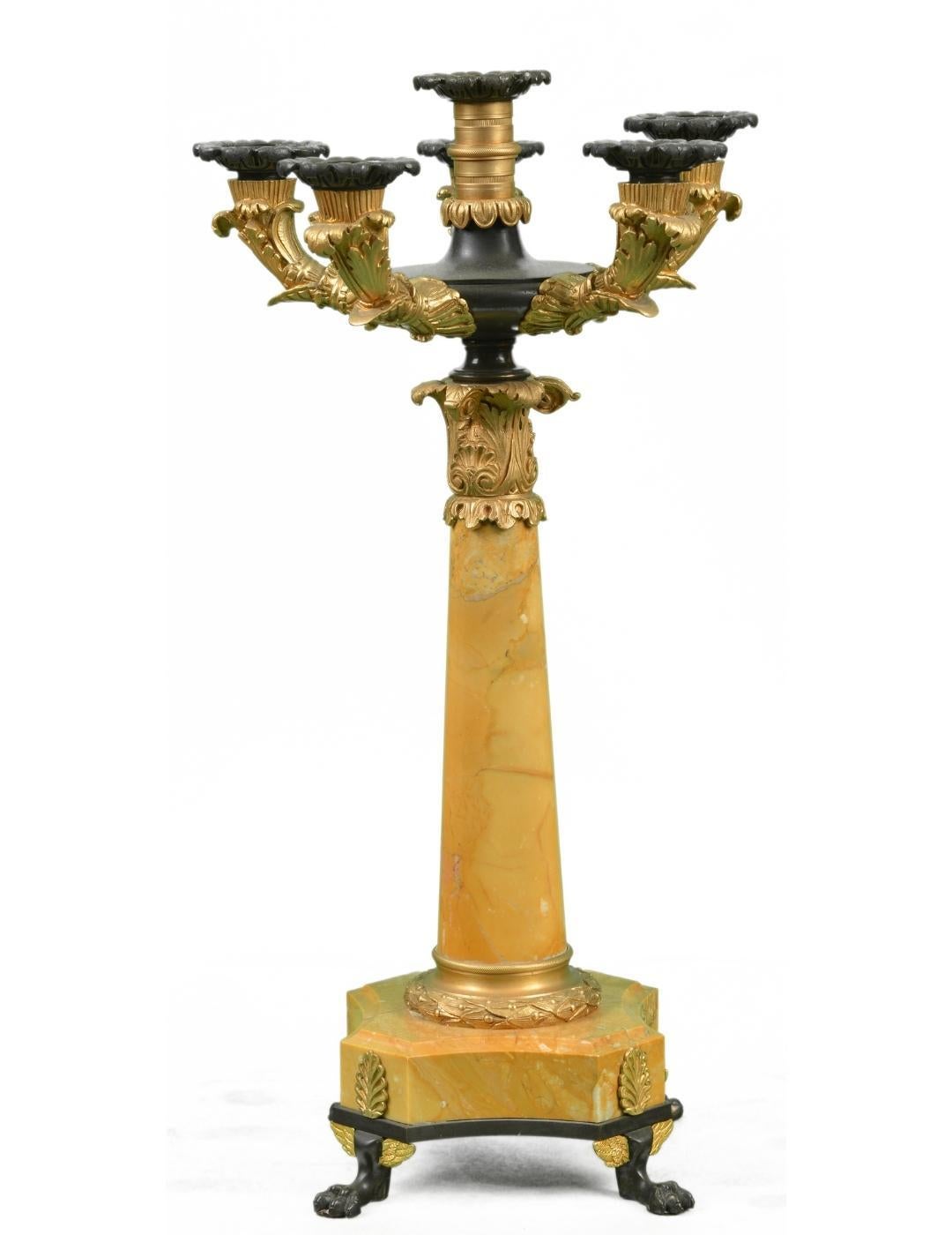 Pair of 19th Century French Candelabra with Marble, Gilt Bronze and Black Iron In Good Condition For Sale In Westmount, Quebec