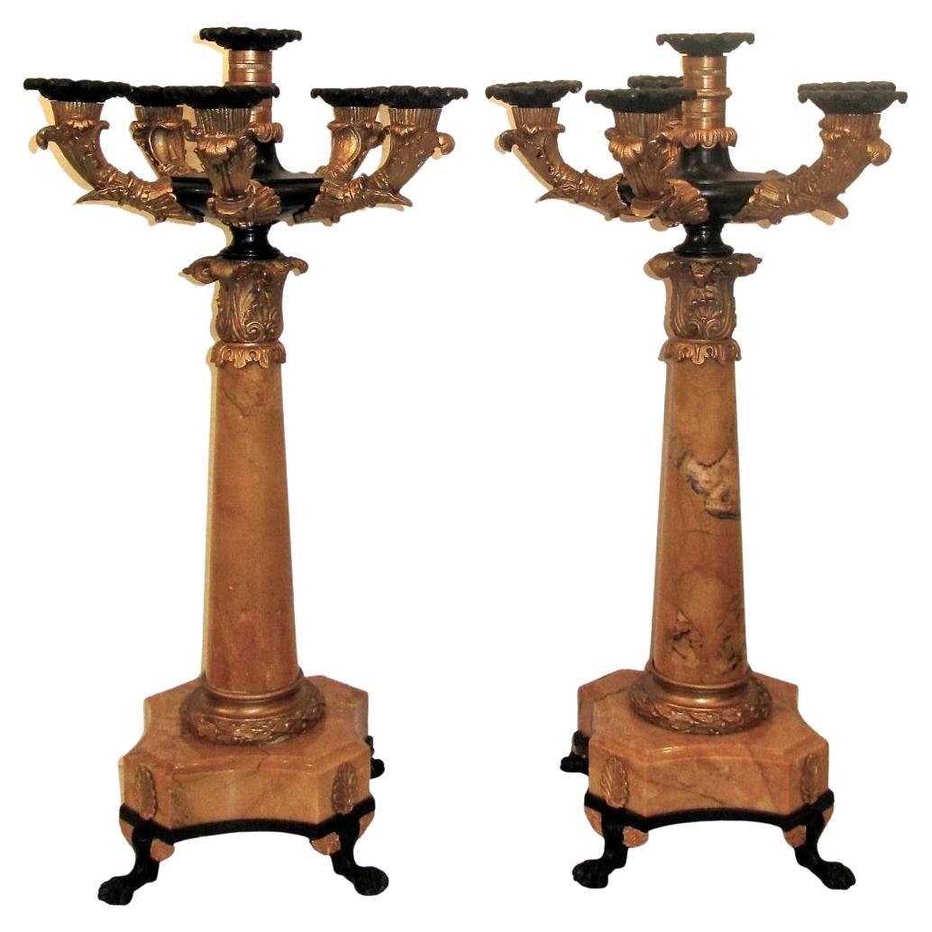 Pair of 19th Century French Candelabra with Marble, Gilt Bronze and Black Iron For Sale