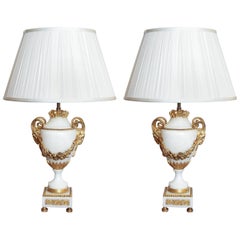 Pair of 19th Century French Carrara Marble and Gilt Bronze Urn Lamps