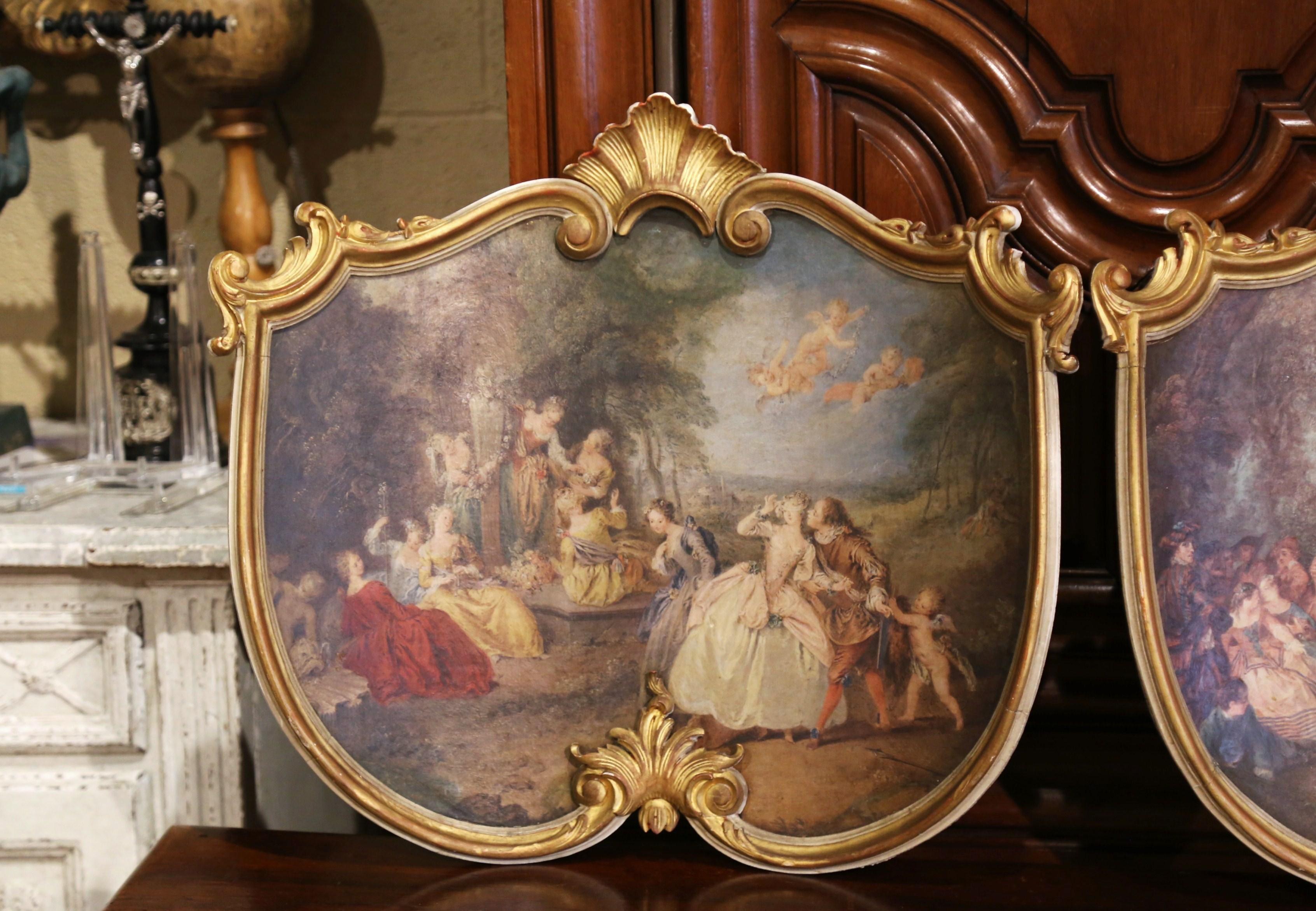Gilt Pair of 19th Century French Carved and Painted Pastoral Scenes Wall Plaques