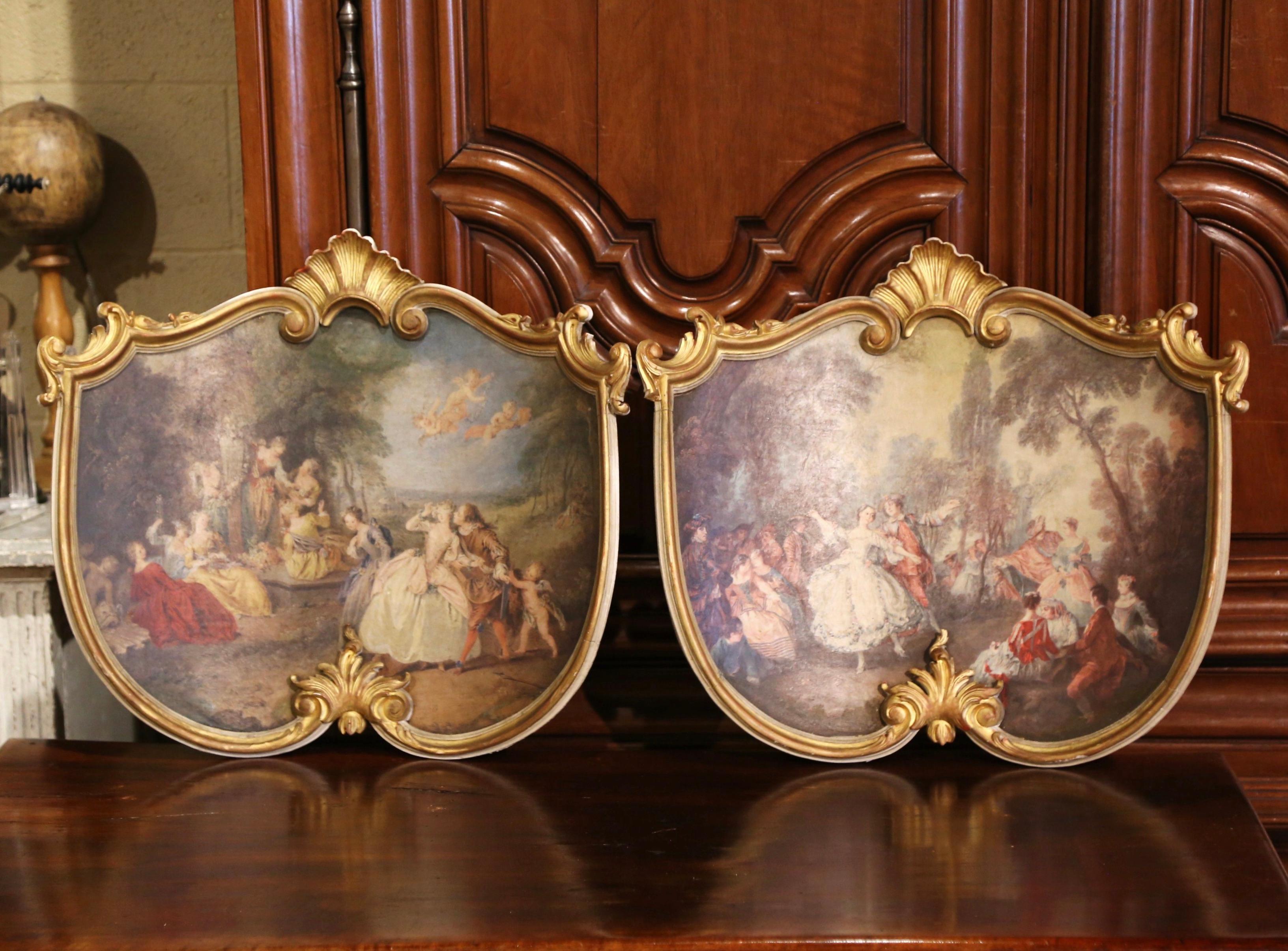 Giltwood Pair of 19th Century French Carved and Painted Pastoral Scenes Wall Plaques