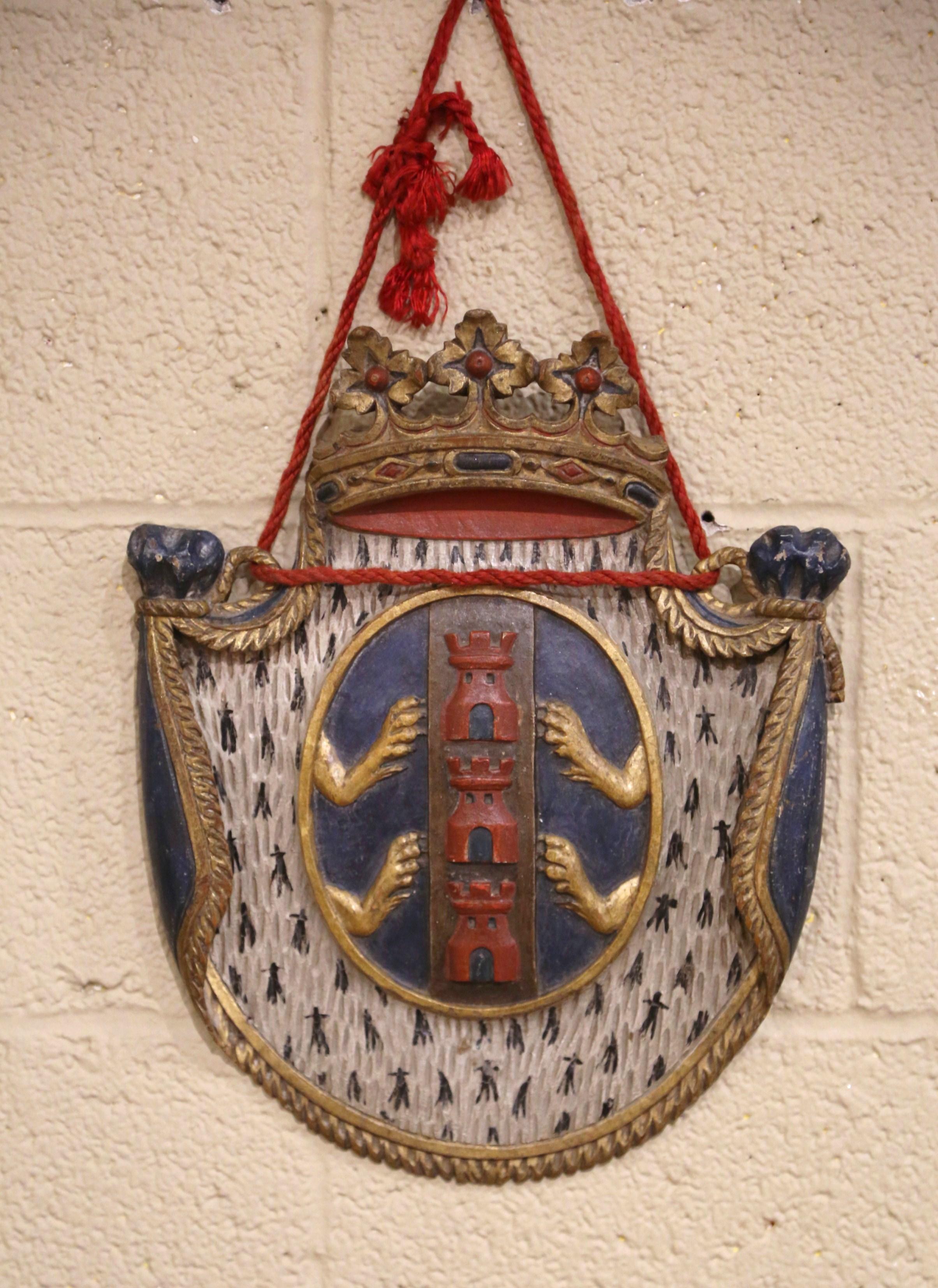 Medieval Pair of 19th Century French Carved and Painted Wall Hanging Heraldic Plaques