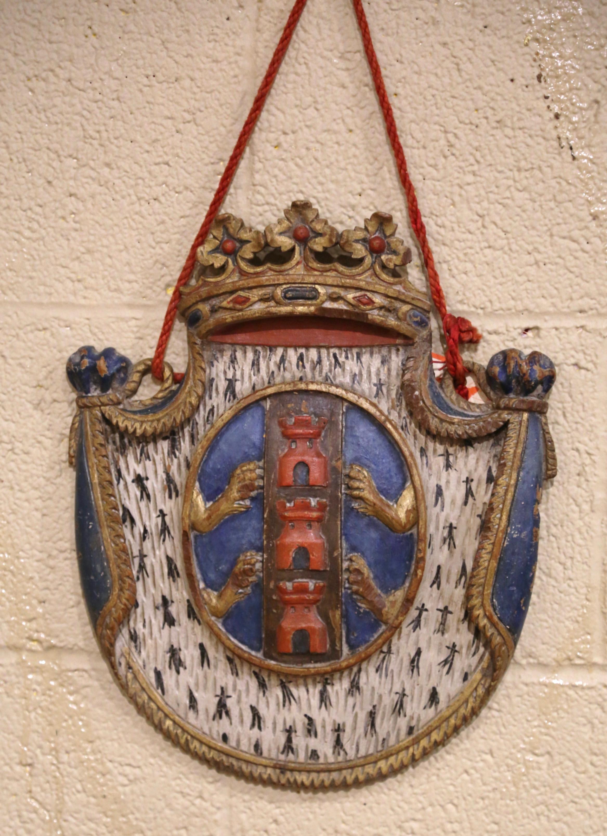 Italian Pair of 19th Century French Carved and Painted Wall Hanging Heraldic Plaques
