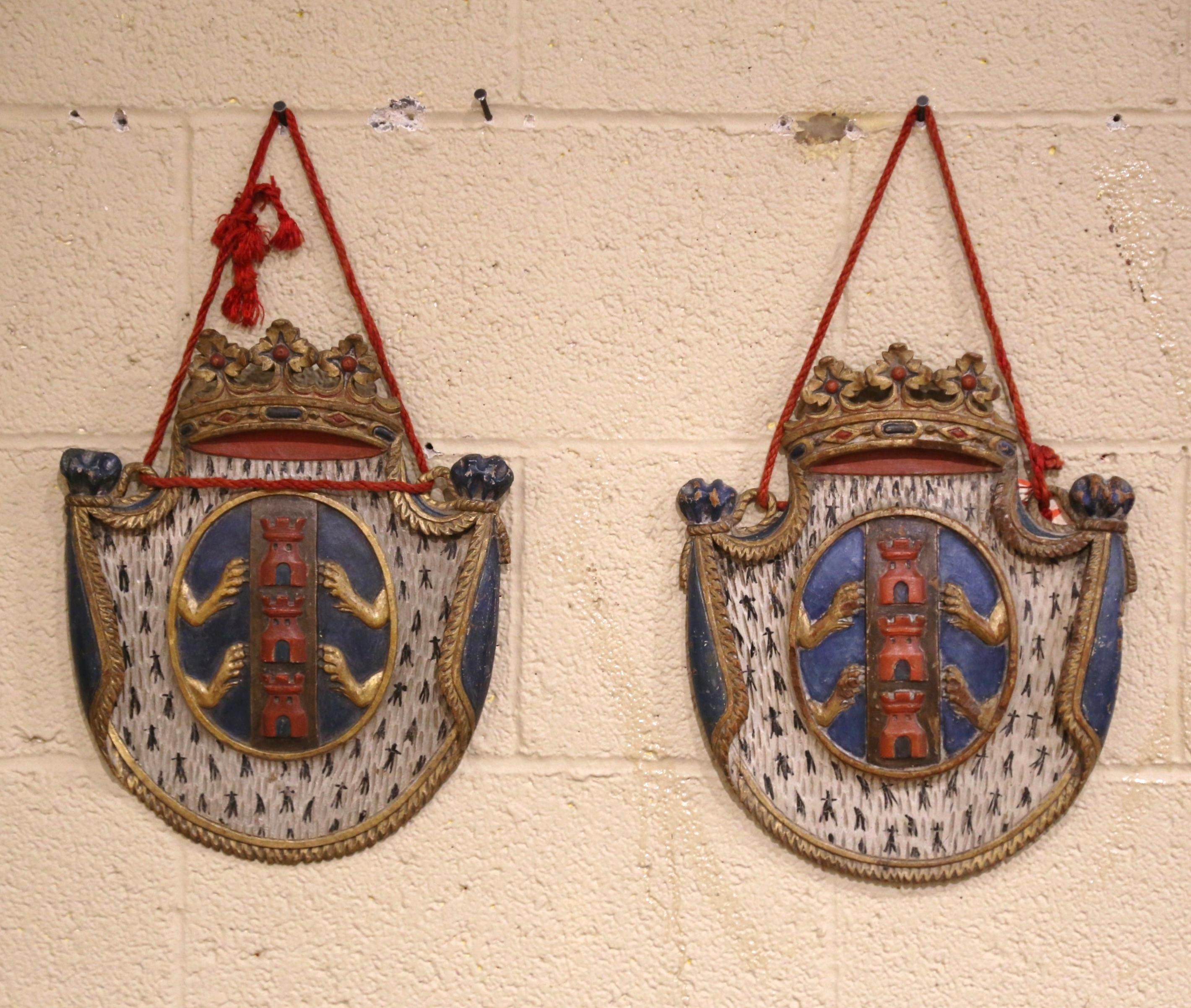 Hand-Carved Pair of 19th Century French Carved and Painted Wall Hanging Heraldic Plaques