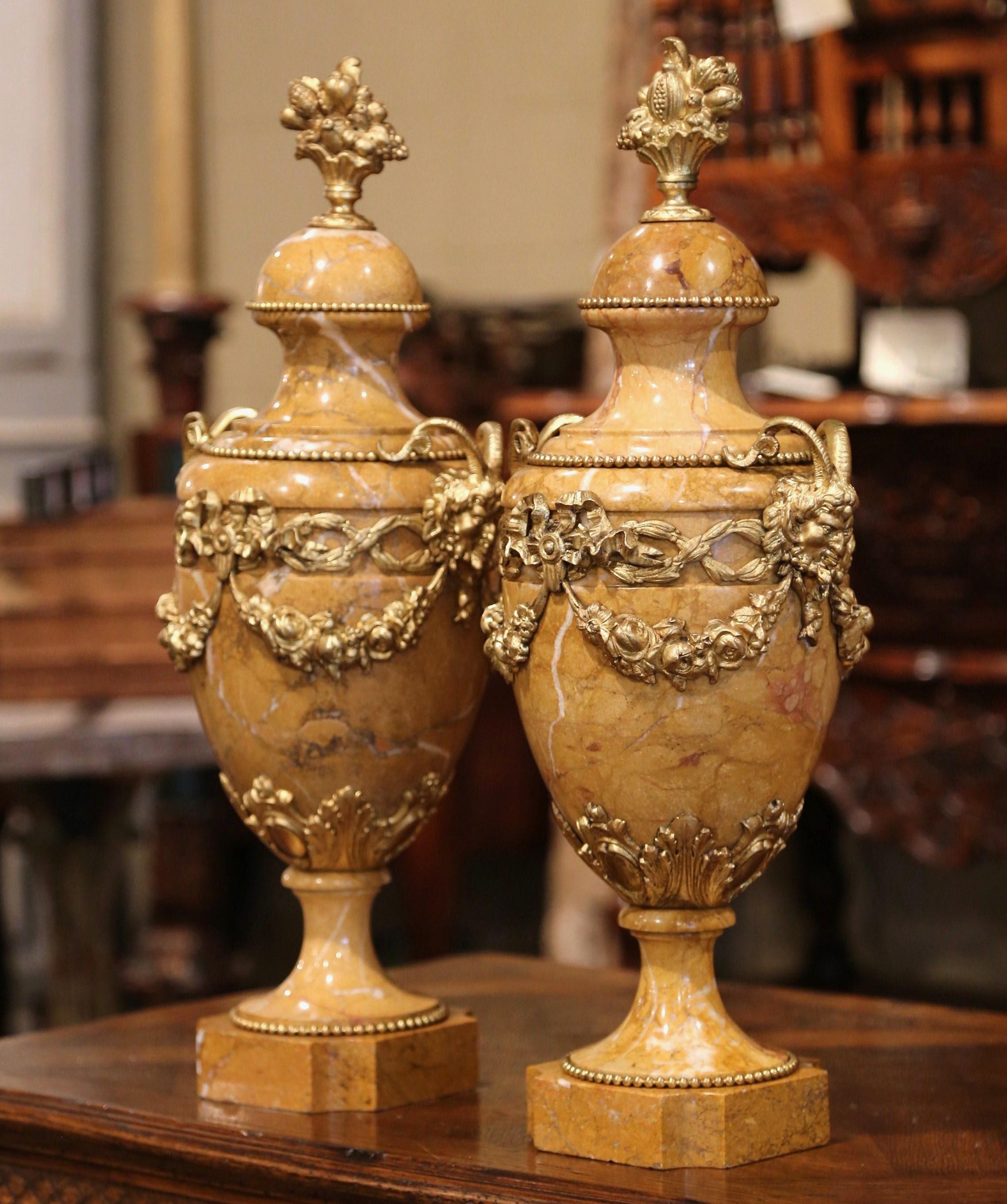 Louis XVI Pair of 19th Century French Carved Beige Marble and Bronze Cassolettes