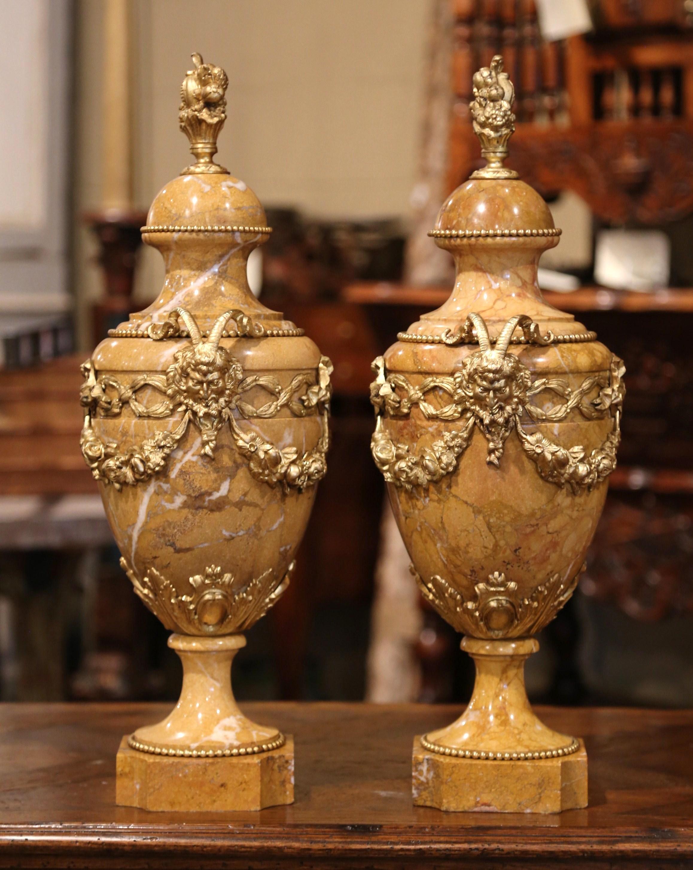 Hand-Carved Pair of 19th Century French Carved Beige Marble and Bronze Cassolettes