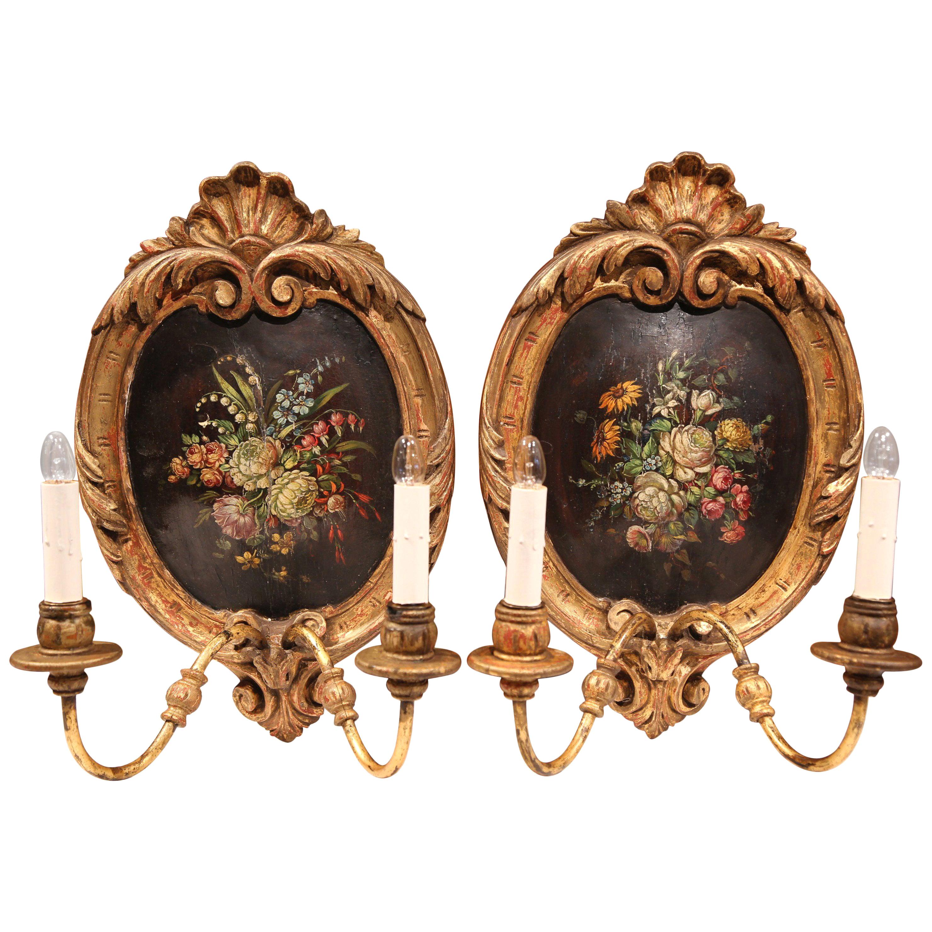 Pair of 19th Century French Carved Gilt Sconces with Painted Floral Medallions