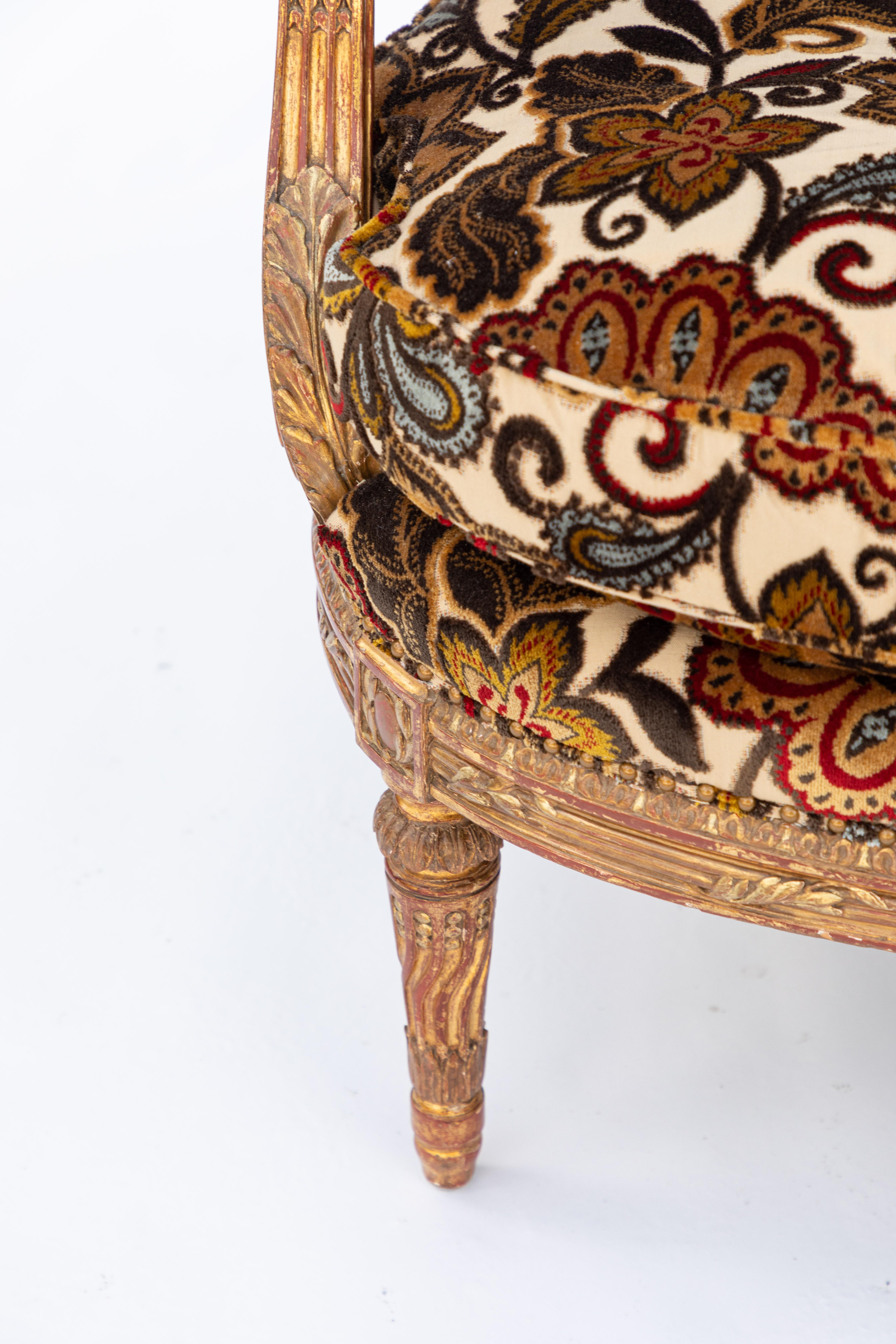Velvet Pair of 19th Century French Carved Giltwood Armchairs For Sale