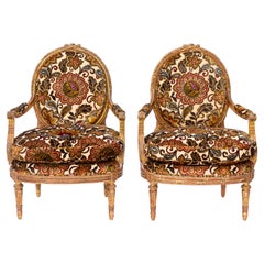 Antique Pair of 19th Century French Carved Giltwood Armchairs