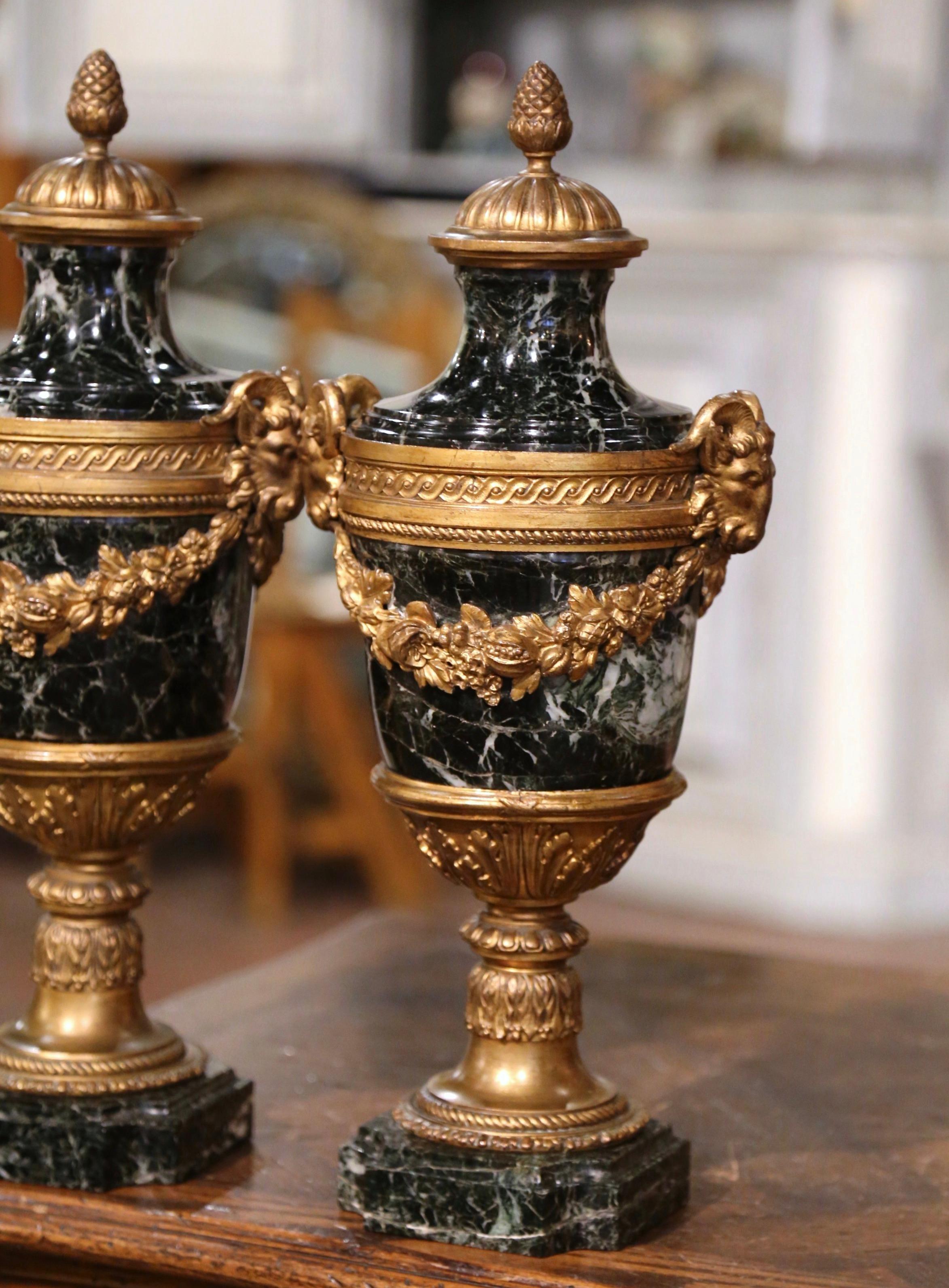 Neoclassical Pair of 19th Century French Carved Green Marble and Bronze Cassolettes