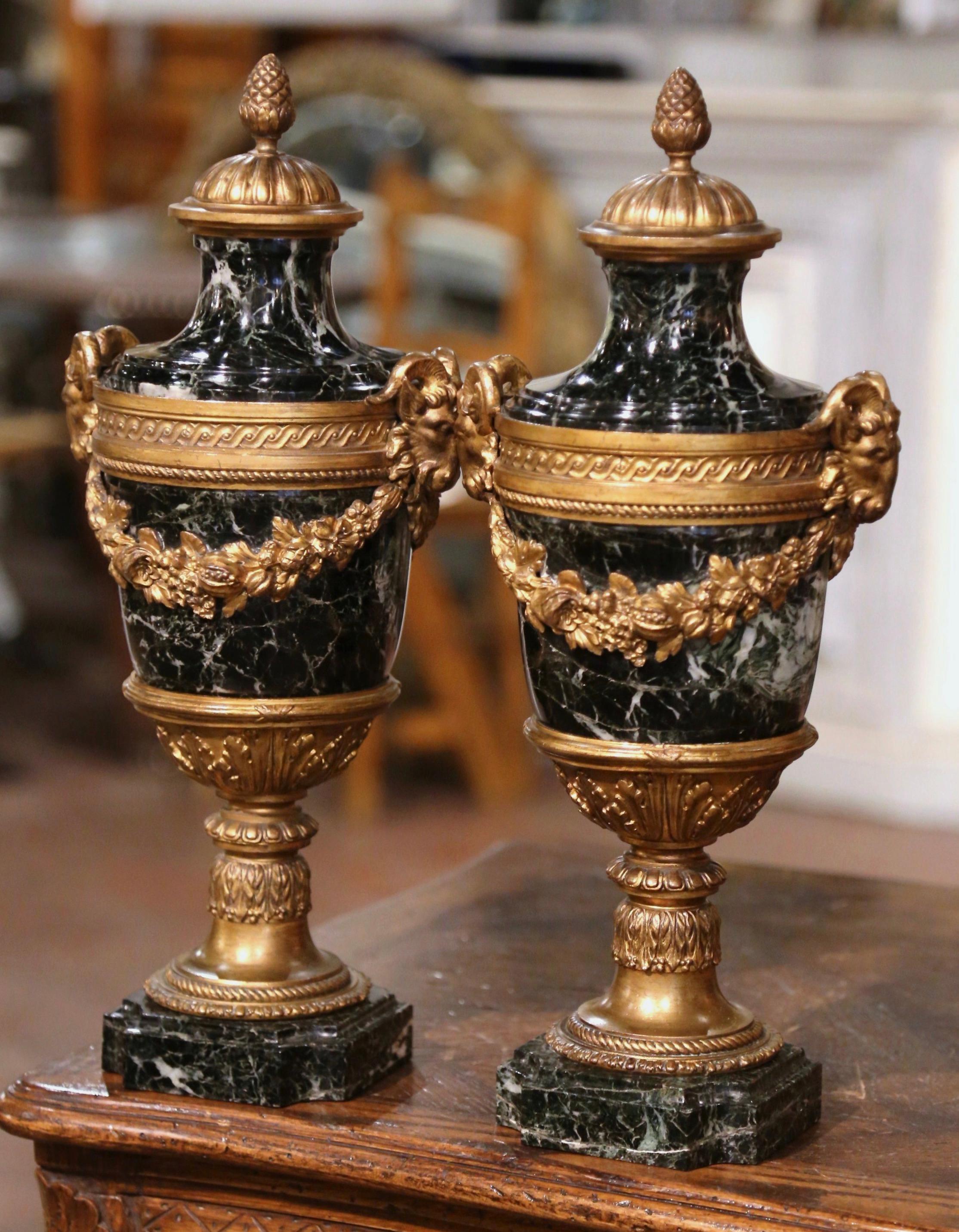 Hand-Carved Pair of 19th Century French Carved Green Marble and Bronze Cassolettes