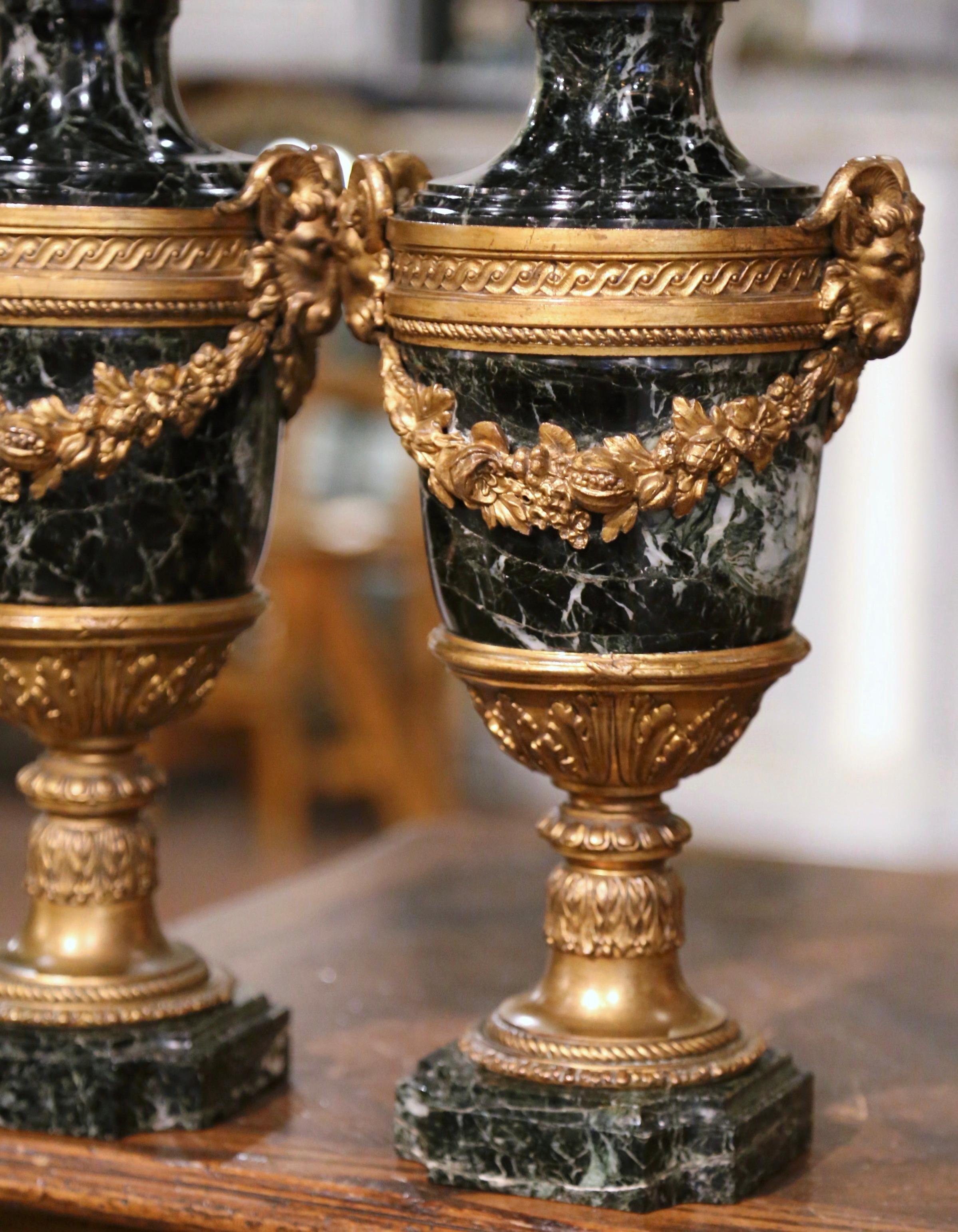 Pair of 19th Century French Carved Green Marble and Bronze Cassolettes 2