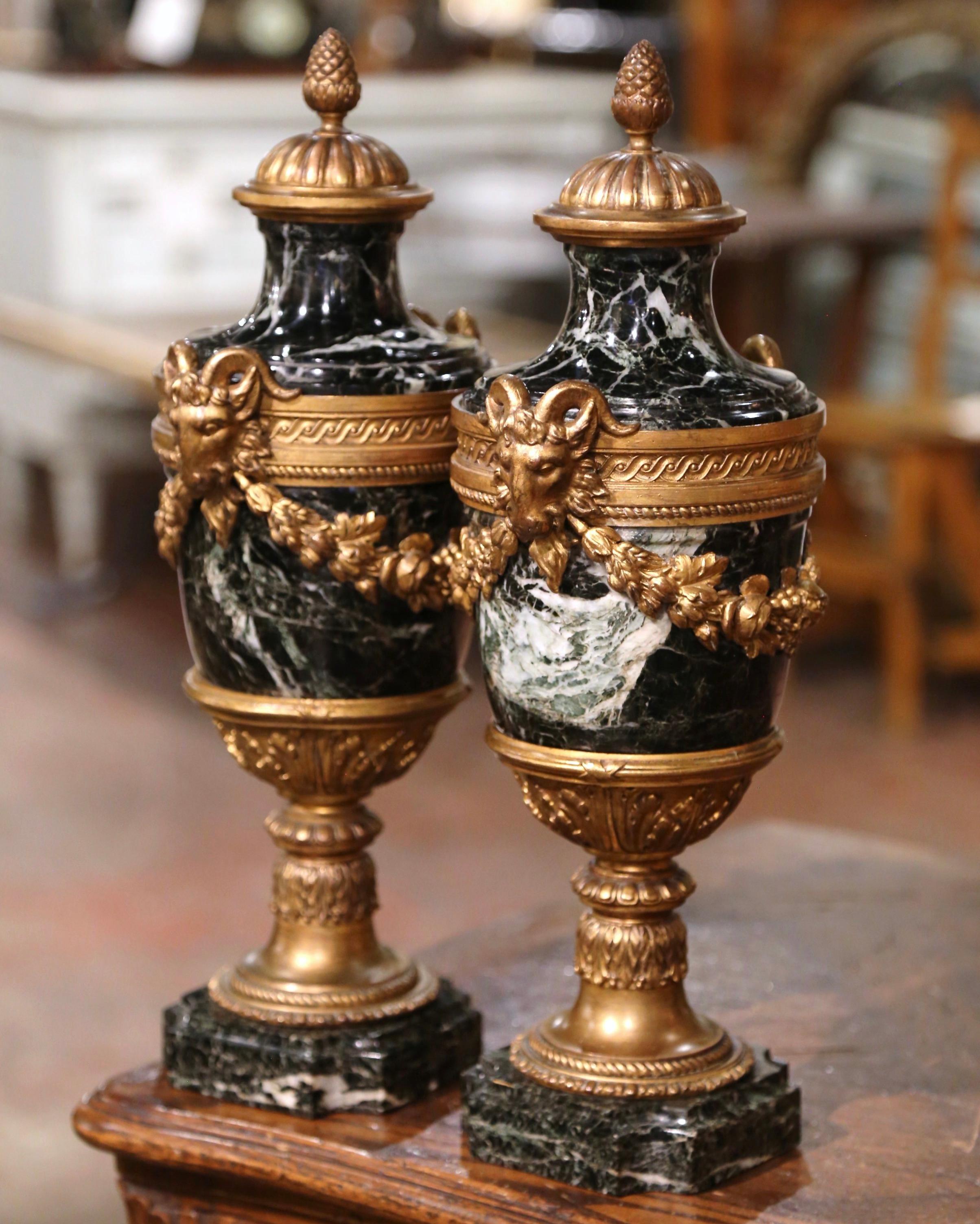 Pair of 19th Century French Carved Green Marble and Bronze Cassolettes 3