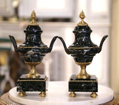 Pair of 19th Century French Carved Green Marble and Bronze Dore Cassolettes