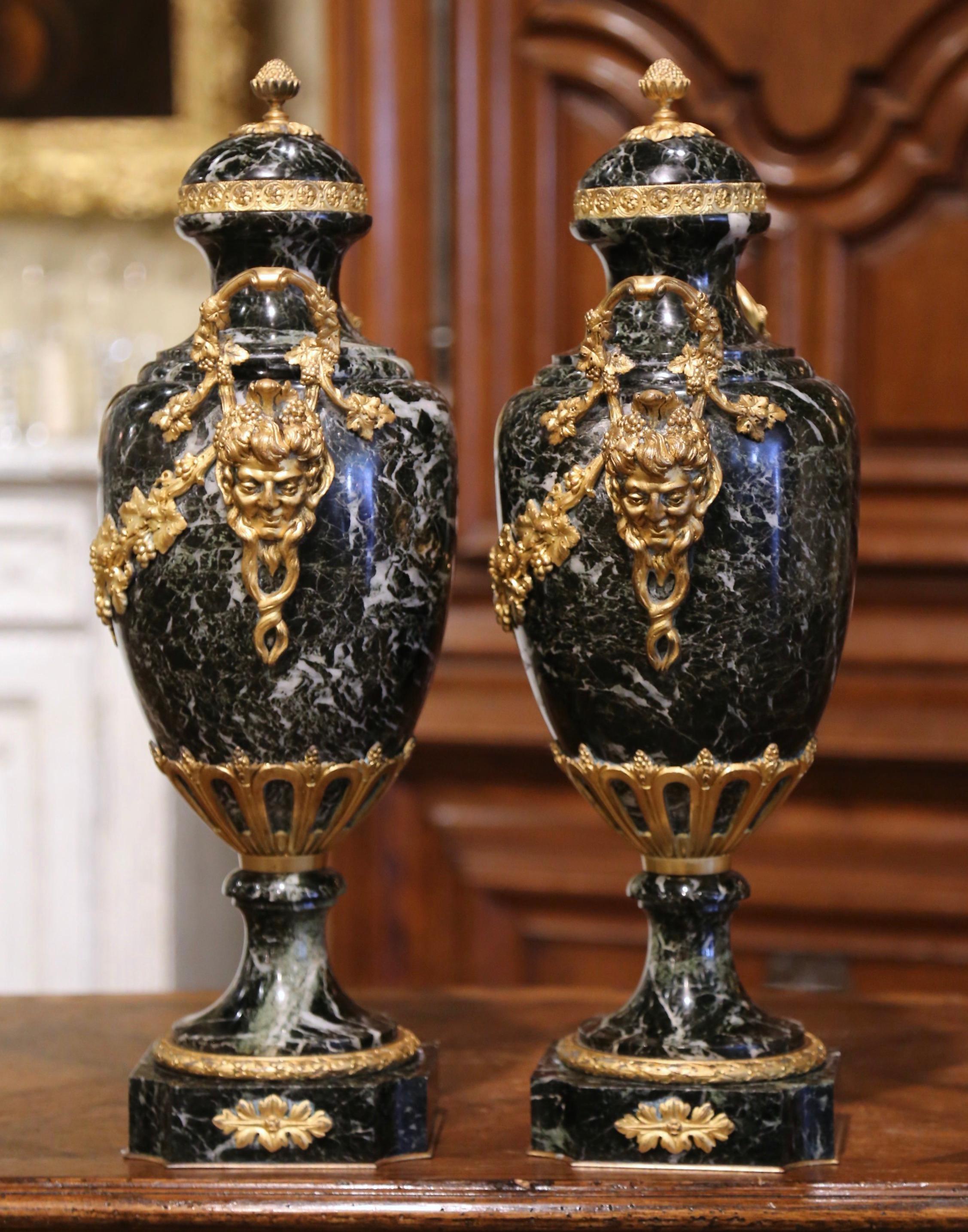 Pair of 19th Century French Carved Green Marble and Bronze Dore Cassolettes 1