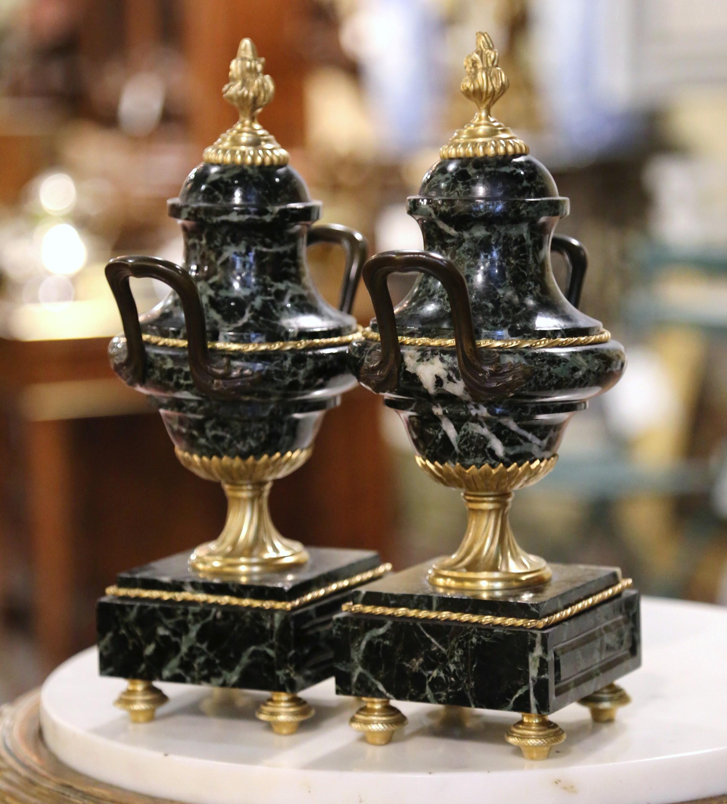 Pair of 19th Century French Carved Green Marble and Bronze Dore Cassolettes For Sale 2