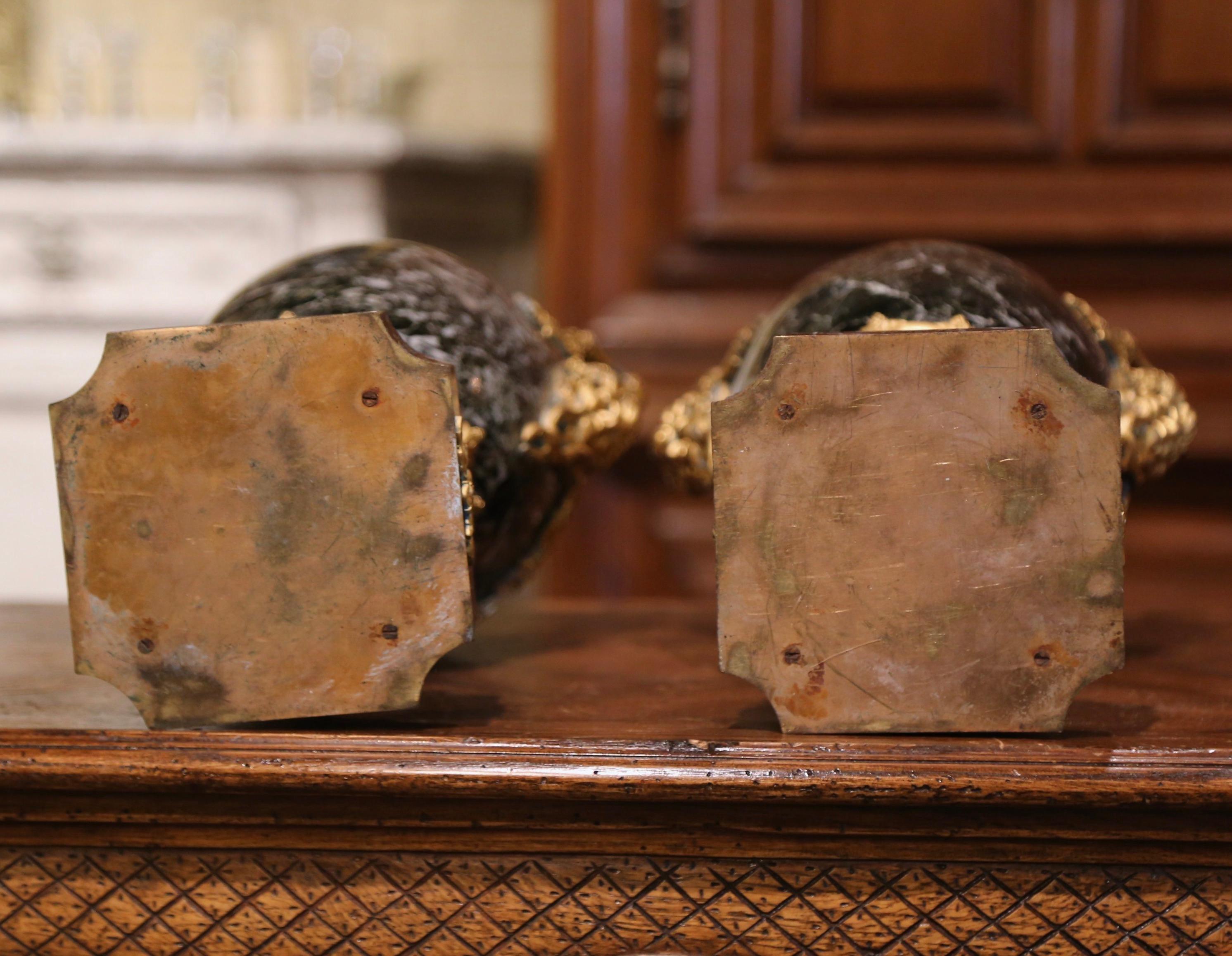 Pair of 19th Century French Carved Green Marble and Bronze Dore Cassolettes 4