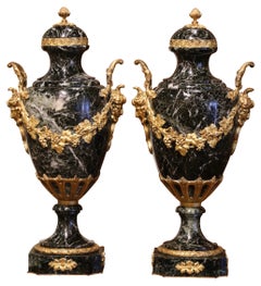 Pair of 19th Century French Carved Green Marble and Bronze Dore Cassolettes