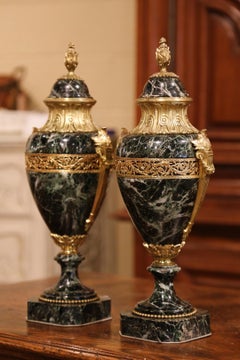 Pair of 19th Century French Carved Green Marble and Gilt Bronze Cassolettes