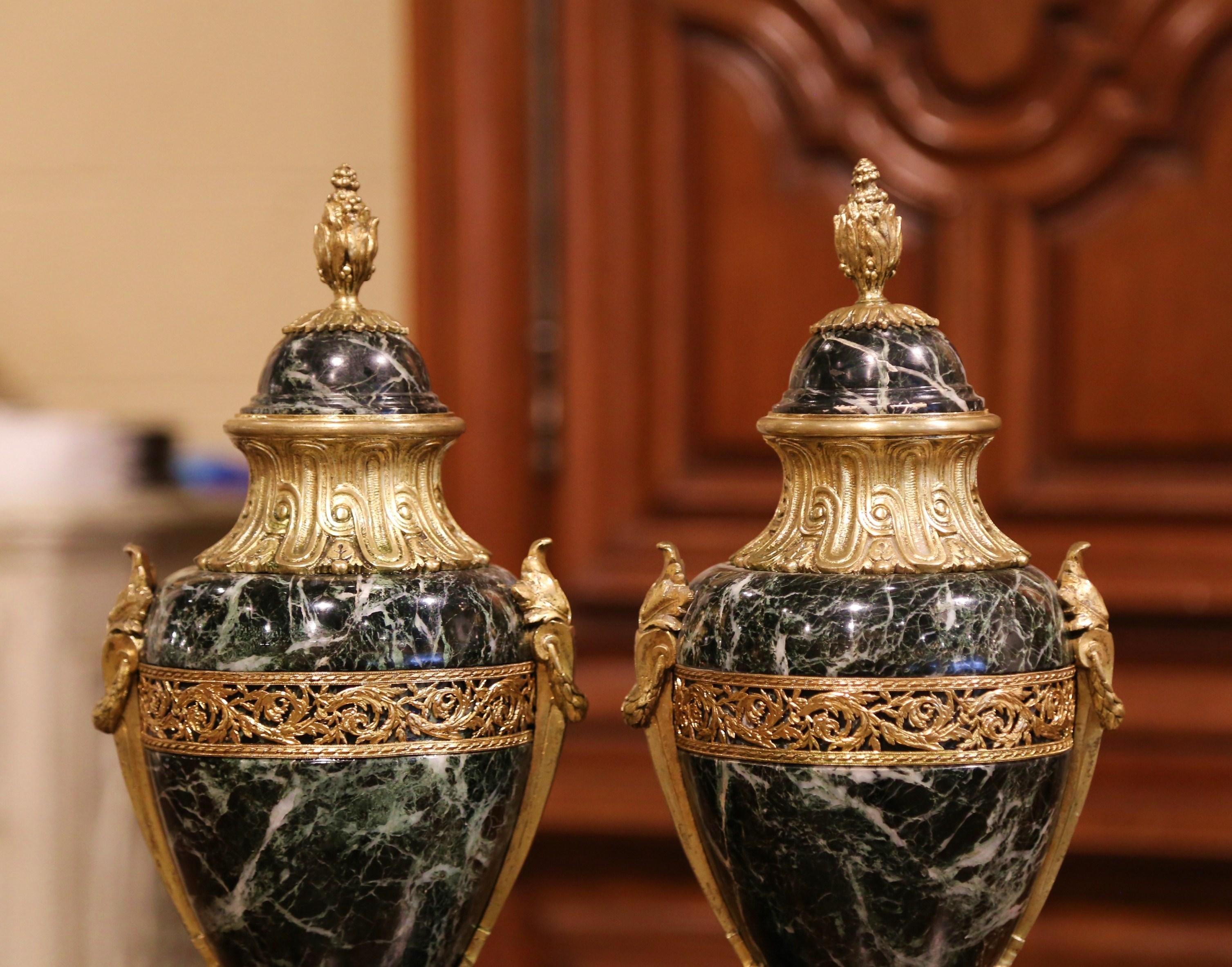 Neoclassical Pair of 19th Century French Carved Green Marble and Gilt Bronze Cassolettes