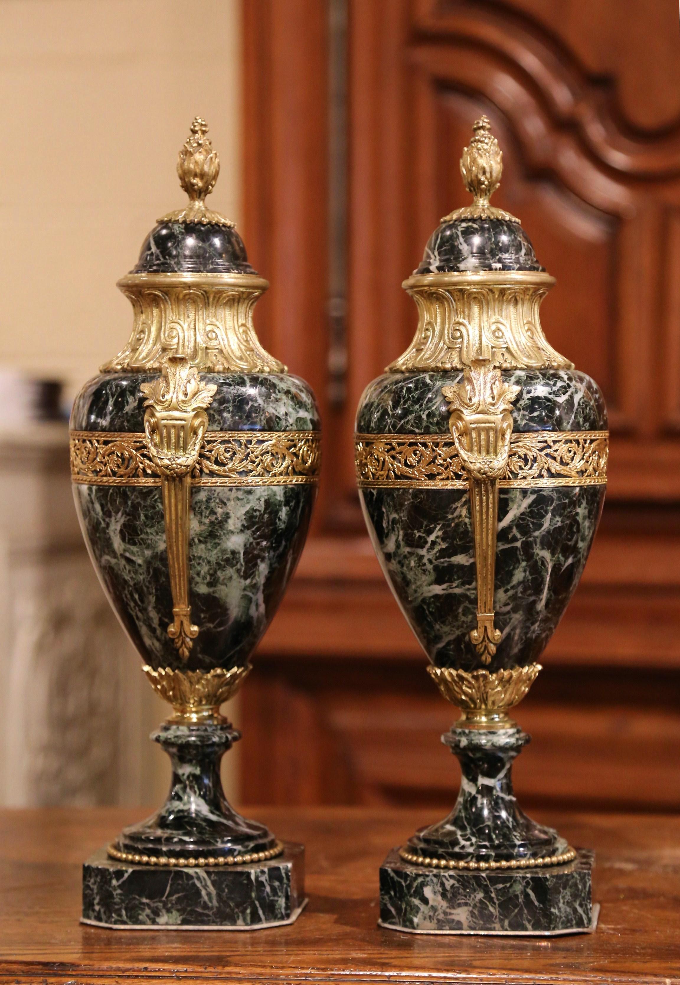 Patinated Pair of 19th Century French Carved Green Marble and Gilt Bronze Cassolettes