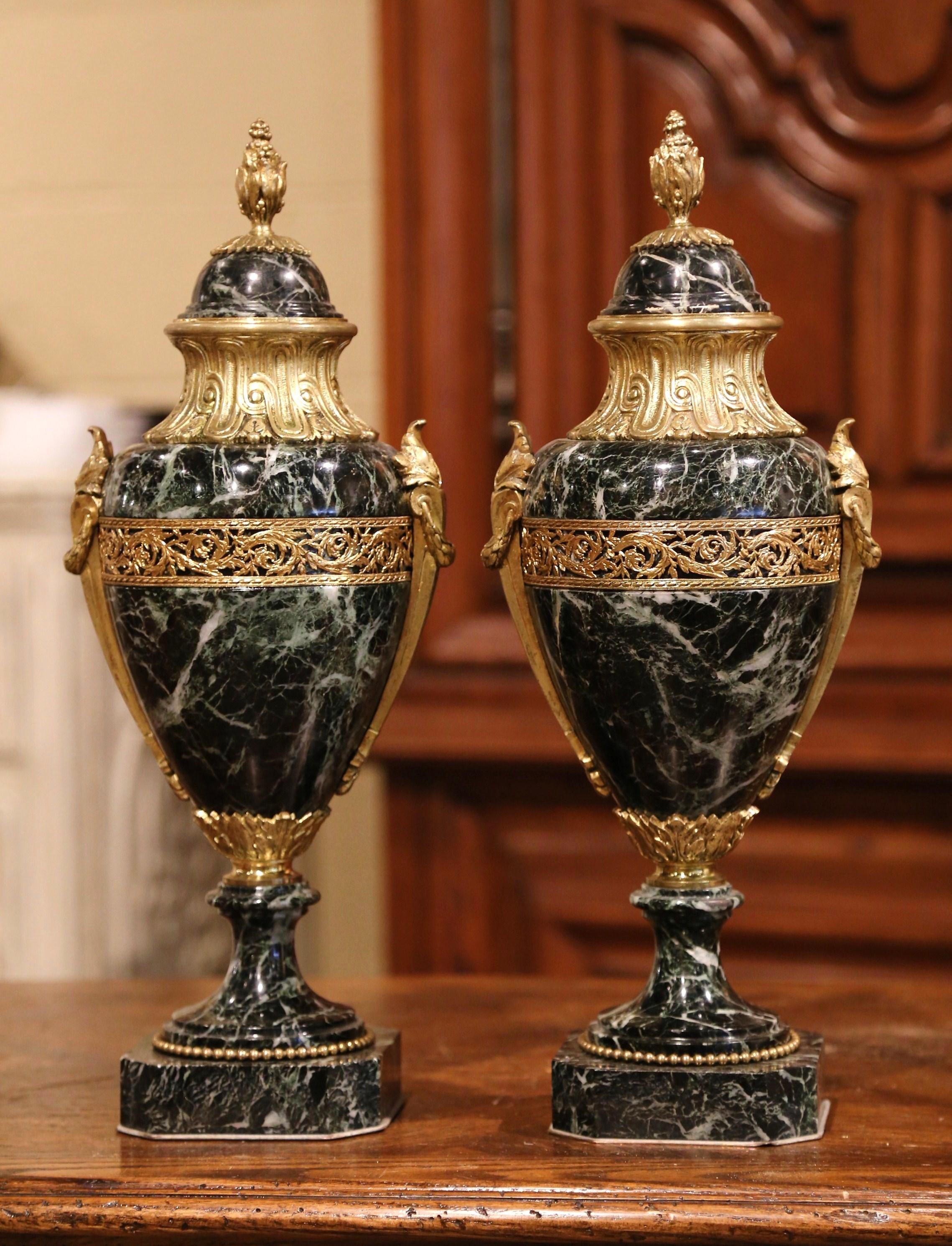 Pair of 19th Century French Carved Green Marble and Gilt Bronze Cassolettes In Excellent Condition In Dallas, TX