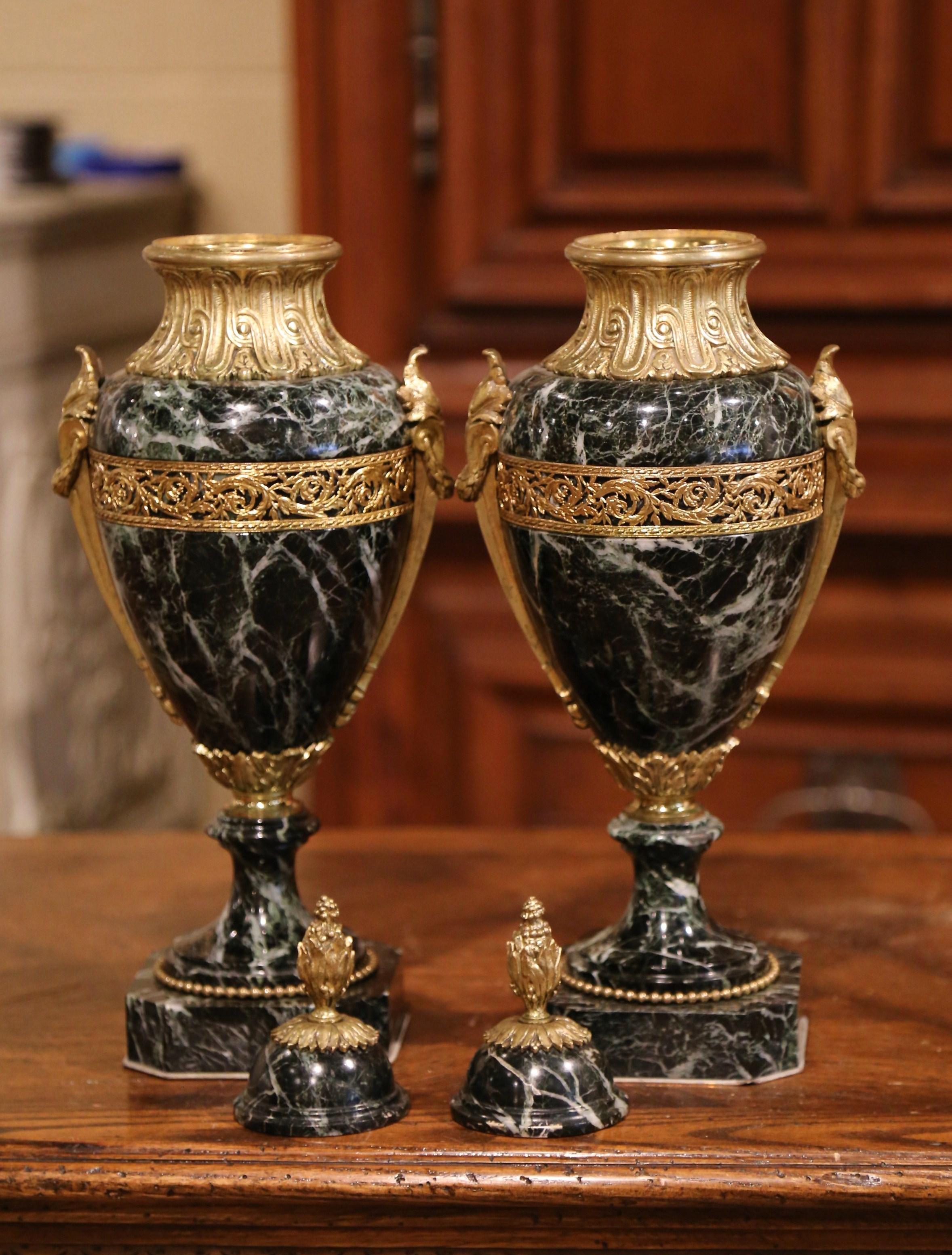 Pair of 19th Century French Carved Green Marble and Gilt Bronze Cassolettes 1
