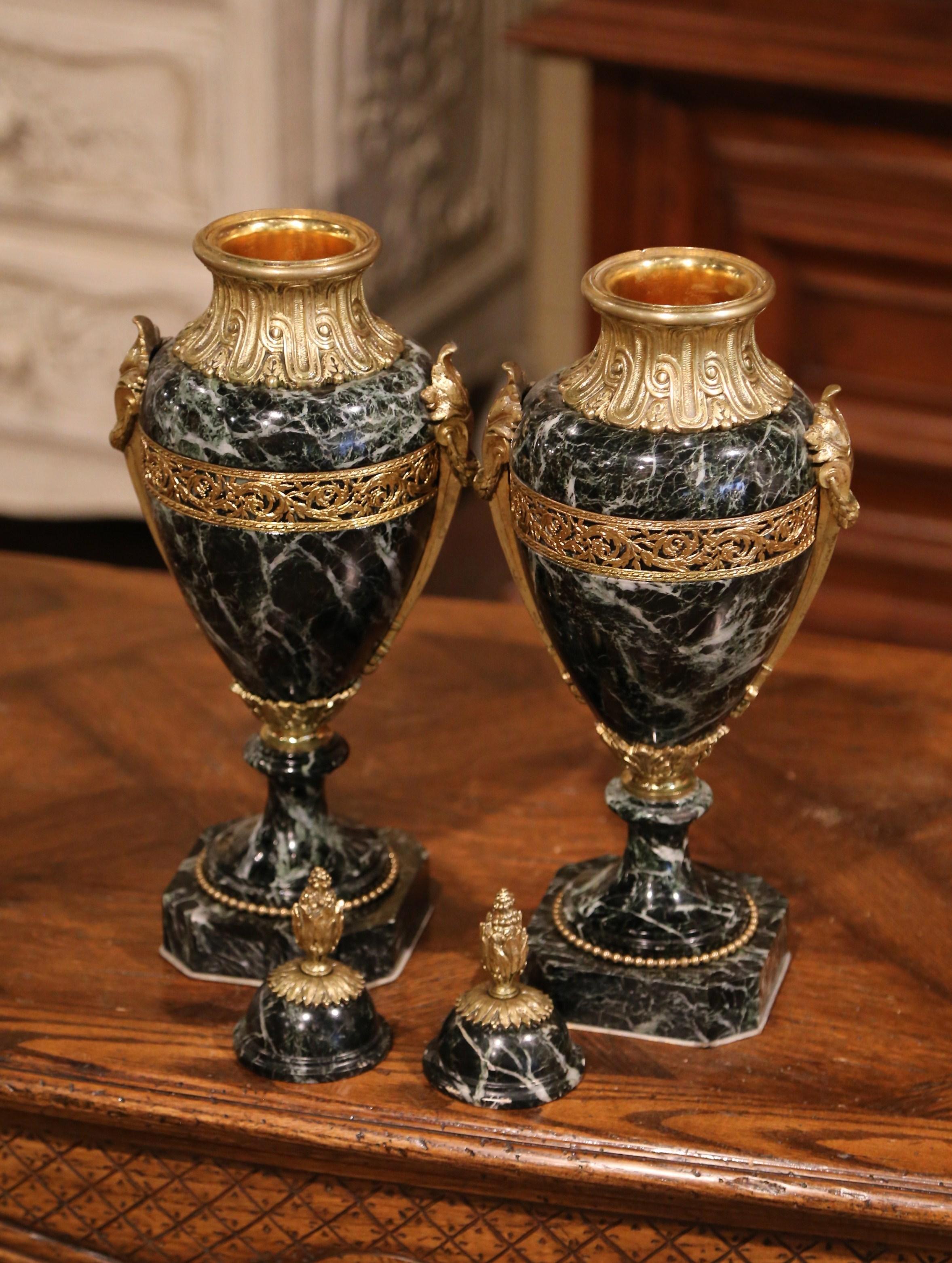 Pair of 19th Century French Carved Green Marble and Gilt Bronze Cassolettes 2
